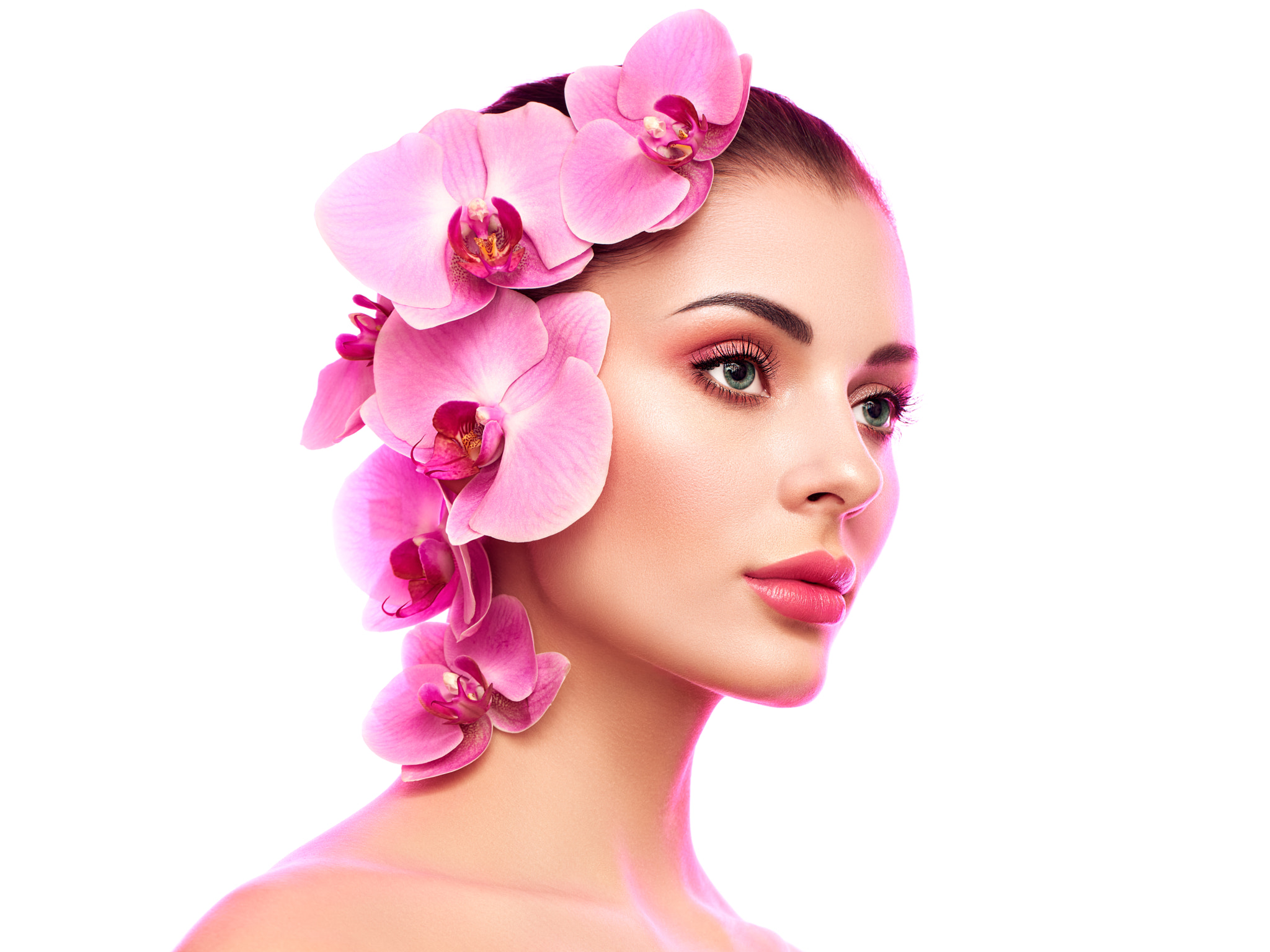 Oleg Gekman Women Brunette Flower In Hair Green Eyes Makeup Eyeshadow Eyeliner Lipstick Pink Lipstic 2048x1536