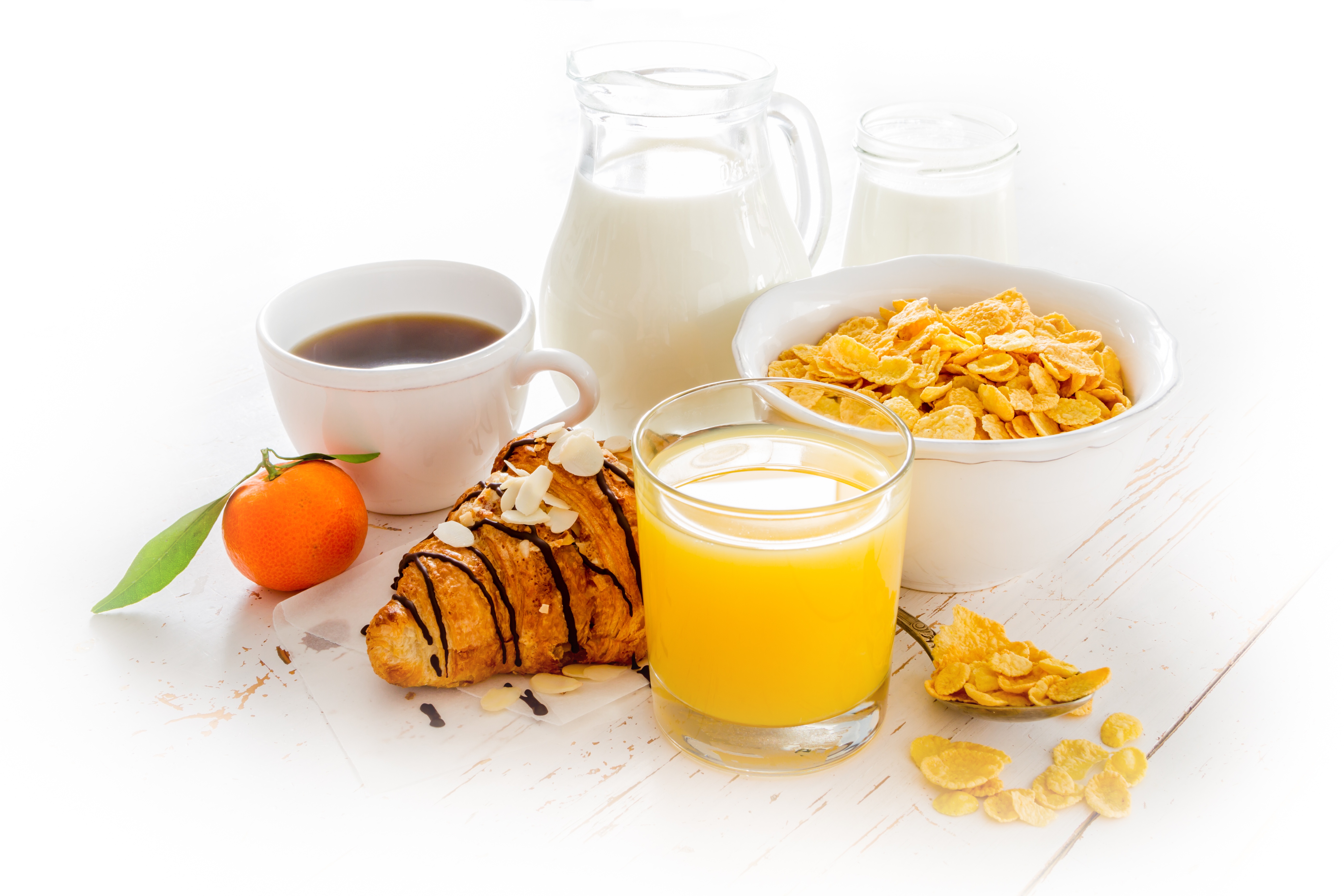 Breakfast Cereal Coffee Croissant Juice Milk Still Life 5184x3456