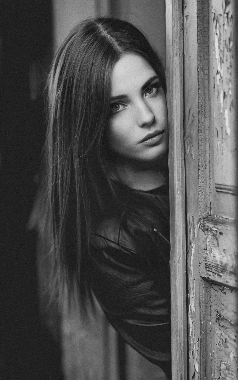 Artur Politov Women Long Hair Jacket Looking At Viewer Portrait Doorways Monochrome 902x1440