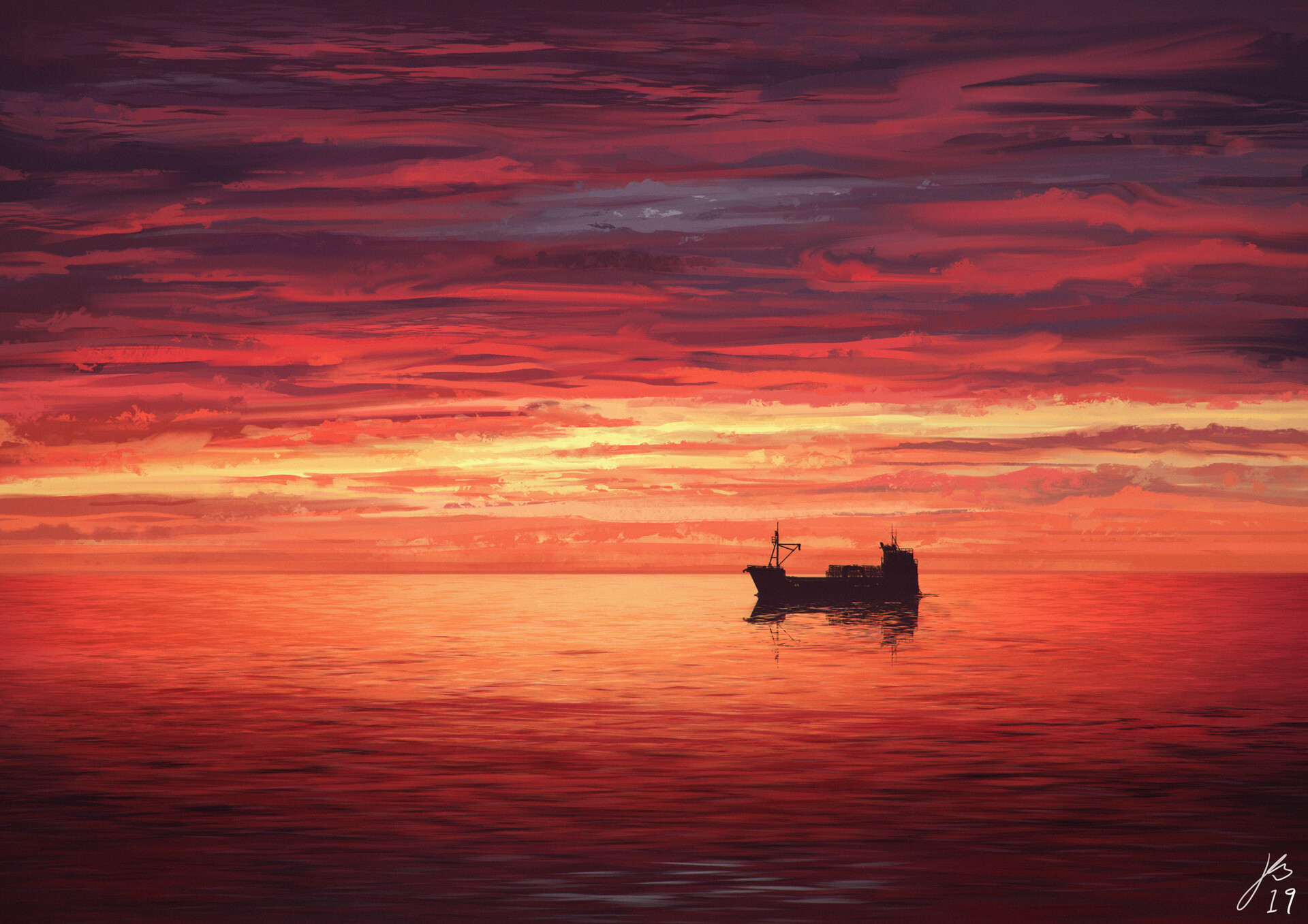 Jason Bartlett ArtStation Digital Art Digital Painting Orange Background Sea Sunset Landscape Sun Ra 1920x1357