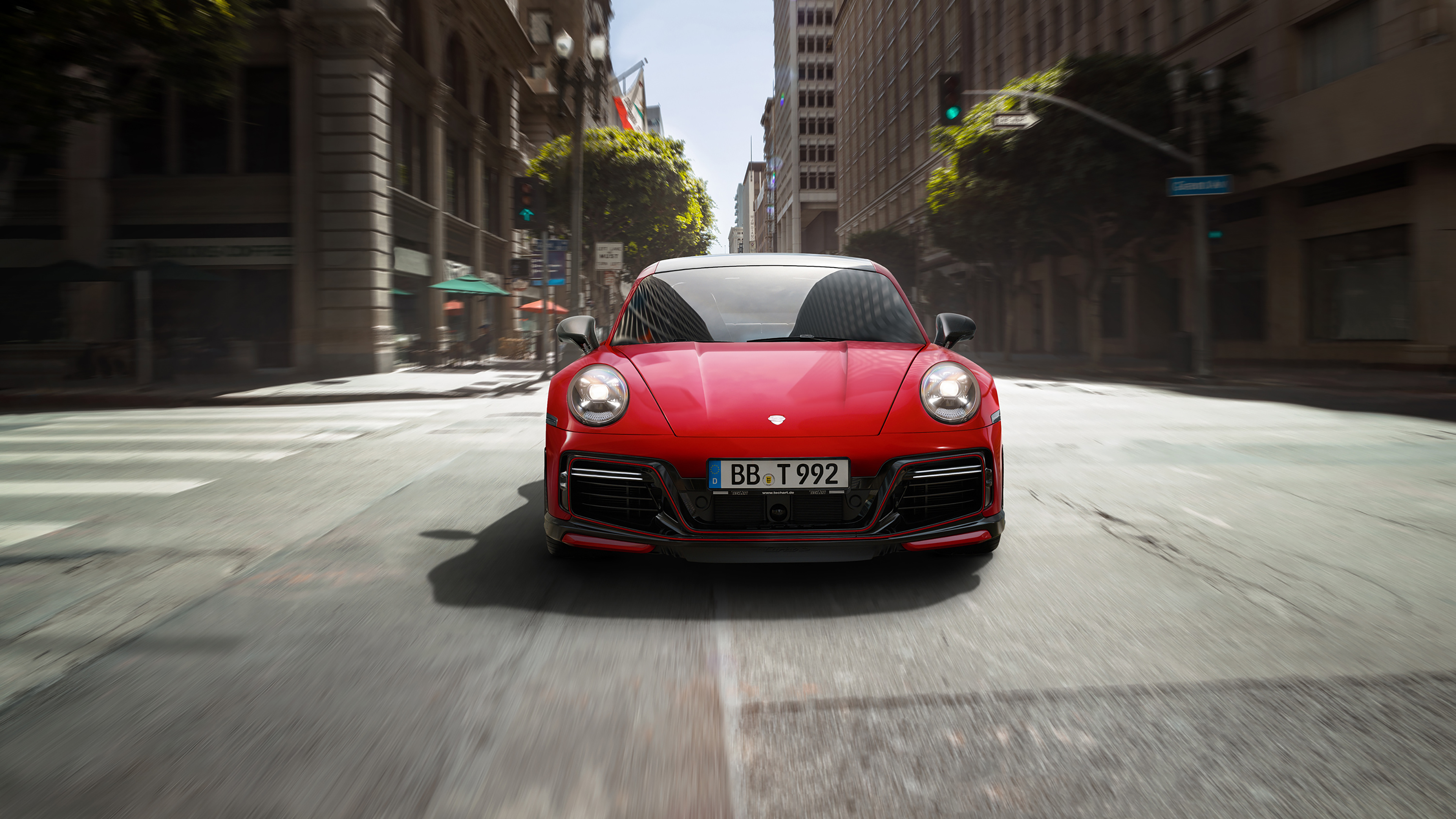 Porsche Red Cars Car Vehicle Sports Car German Cars Street Building Porsche 911 Porsche 992 Frontal  3840x2160