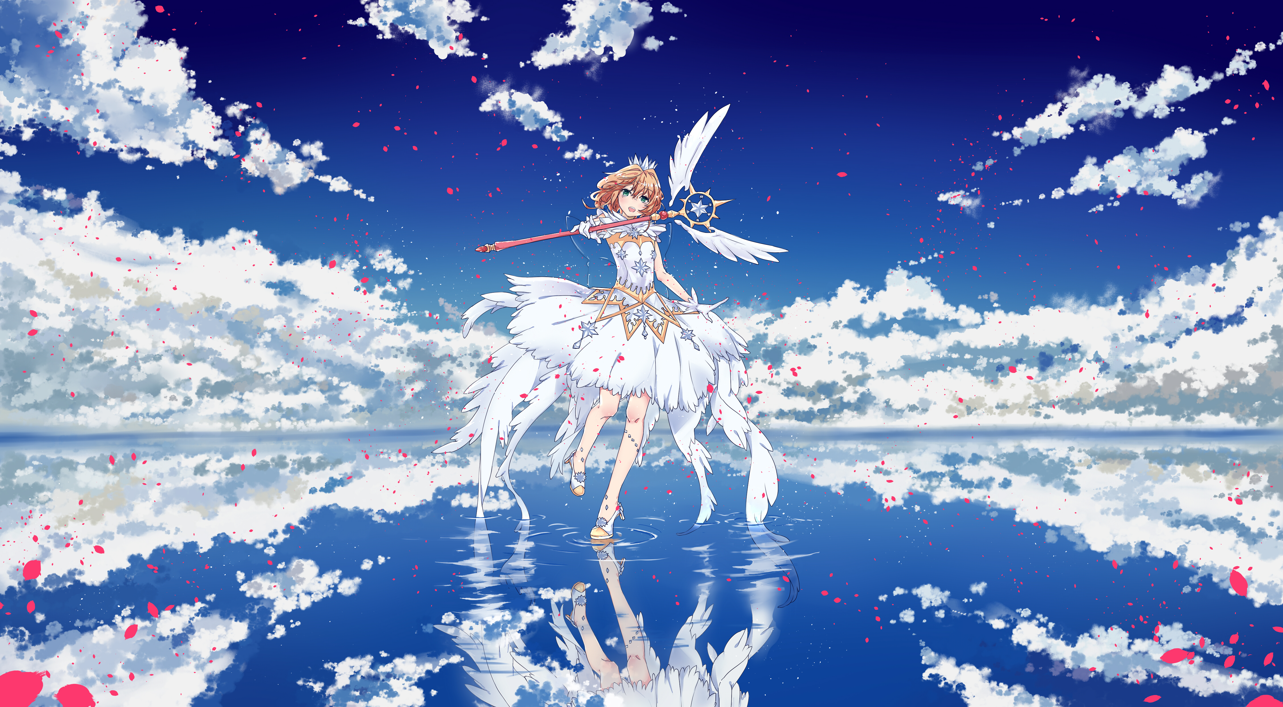Anime Anime Girls JinYun Rex Kinomoto Sakura Clouds Mirrored Sky Petals Cardcaptor Sakura 4500x2480