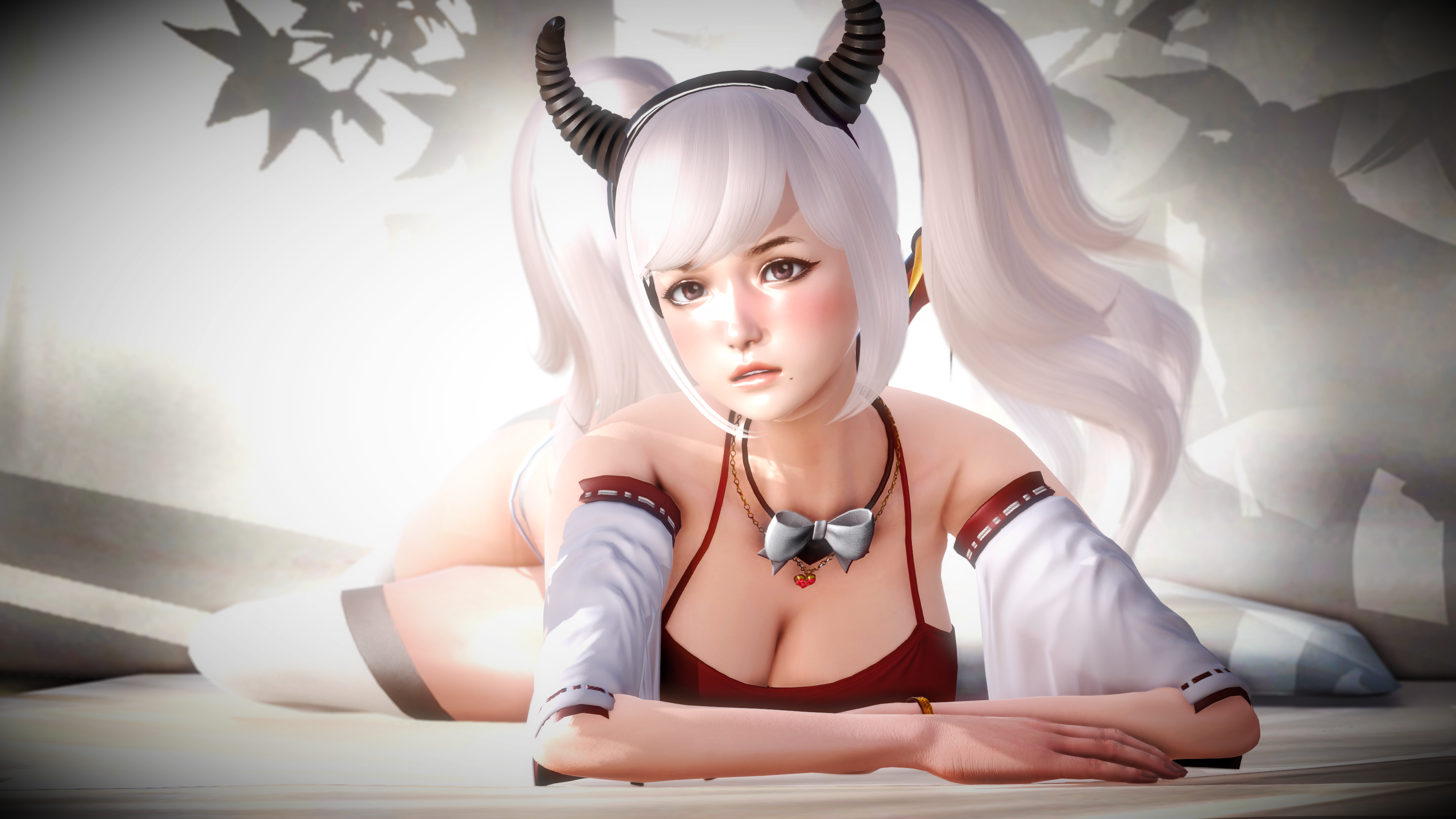 White Hair Magic Girl Fantasy Art Horns Digital Art Women Fantasy Girl Necklace Brown Eyes Long Hair 3200x1800