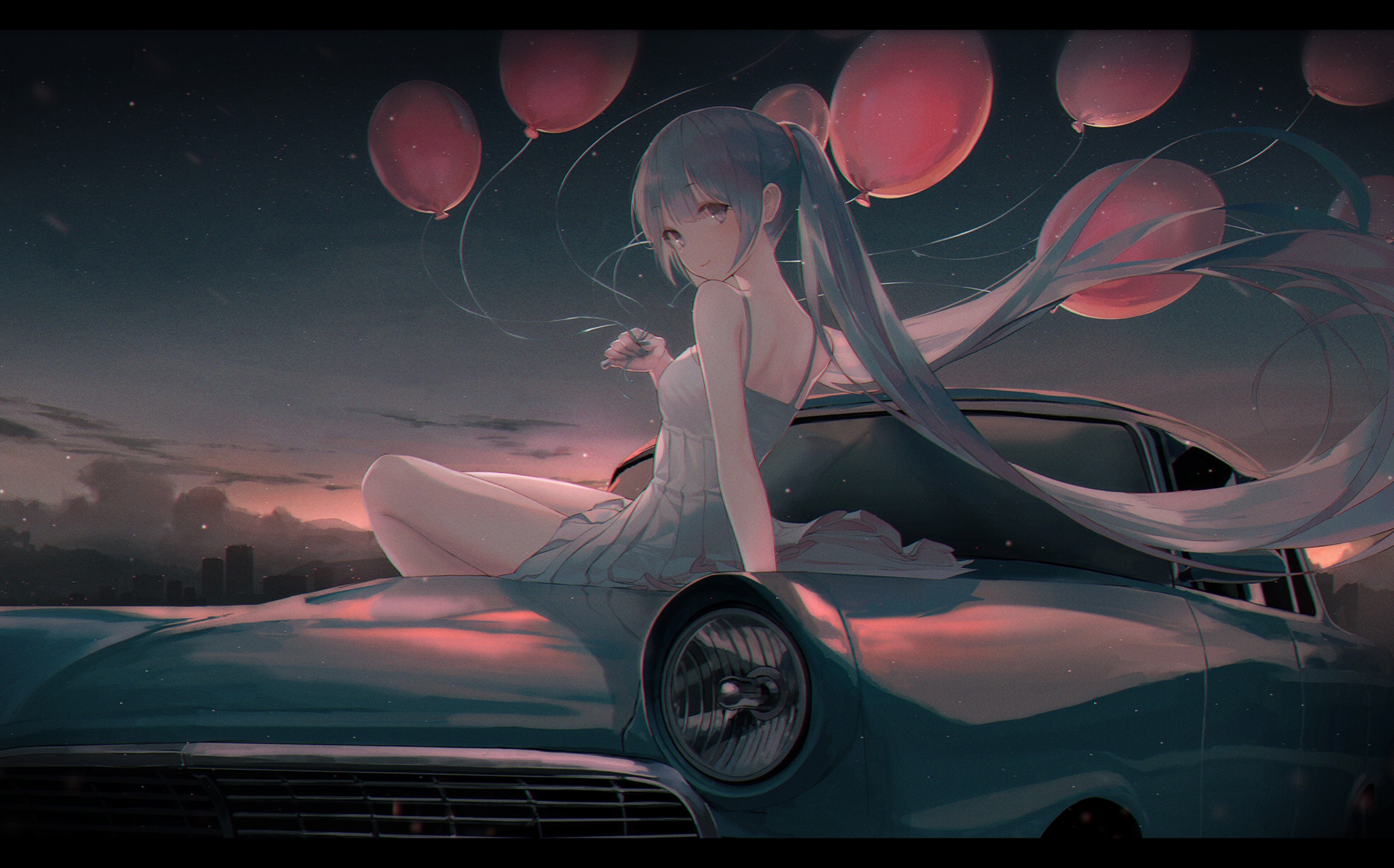 Anime Girls Hatsune Miku Balloon Car Vocaloid Sunset Sun Dress Seol 3146x1960