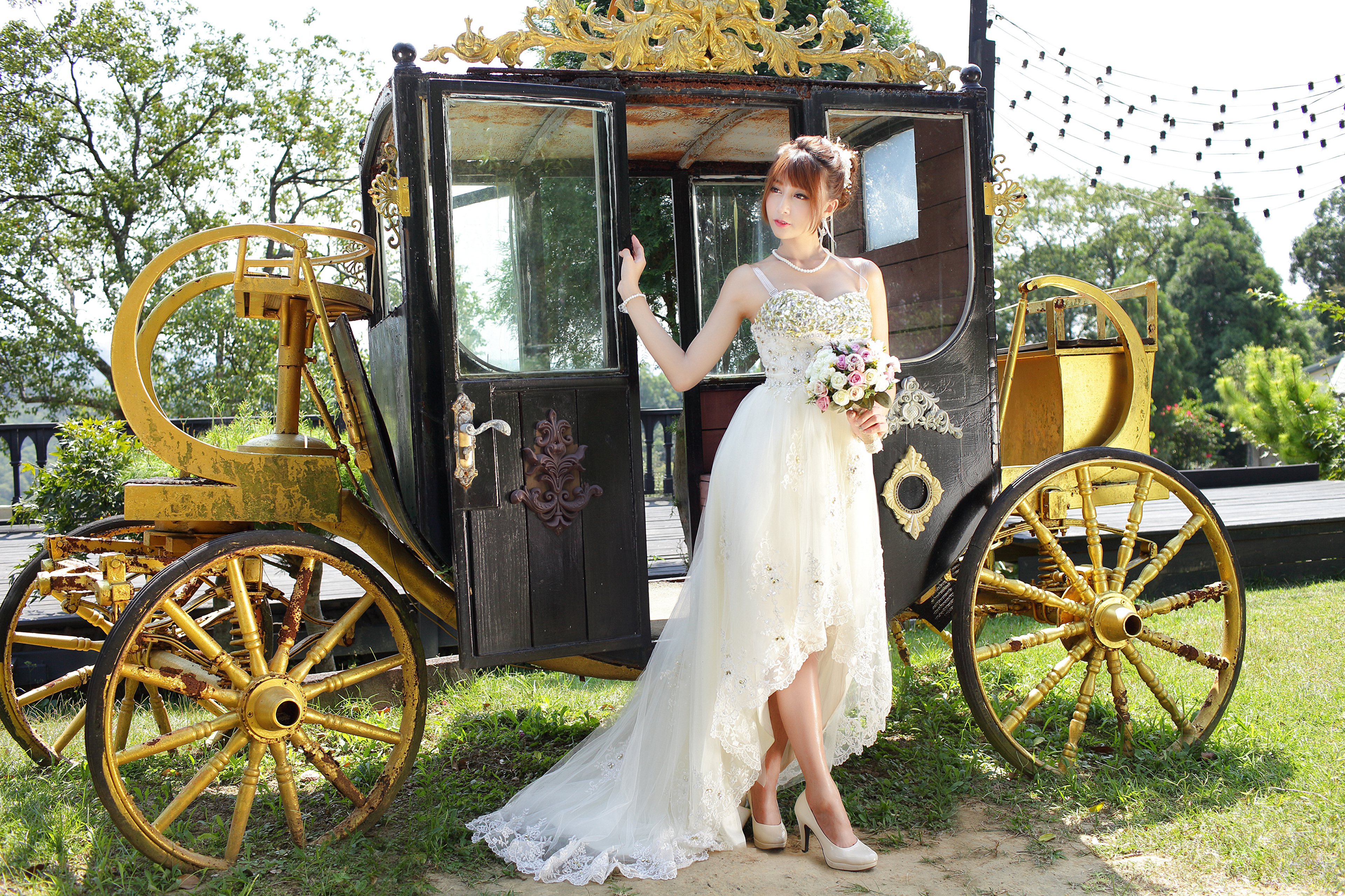 Asian Model Women Long Hair Brunette Wedding Dress Carriage White High Heels Flowers Hair Ornament G 3840x2559