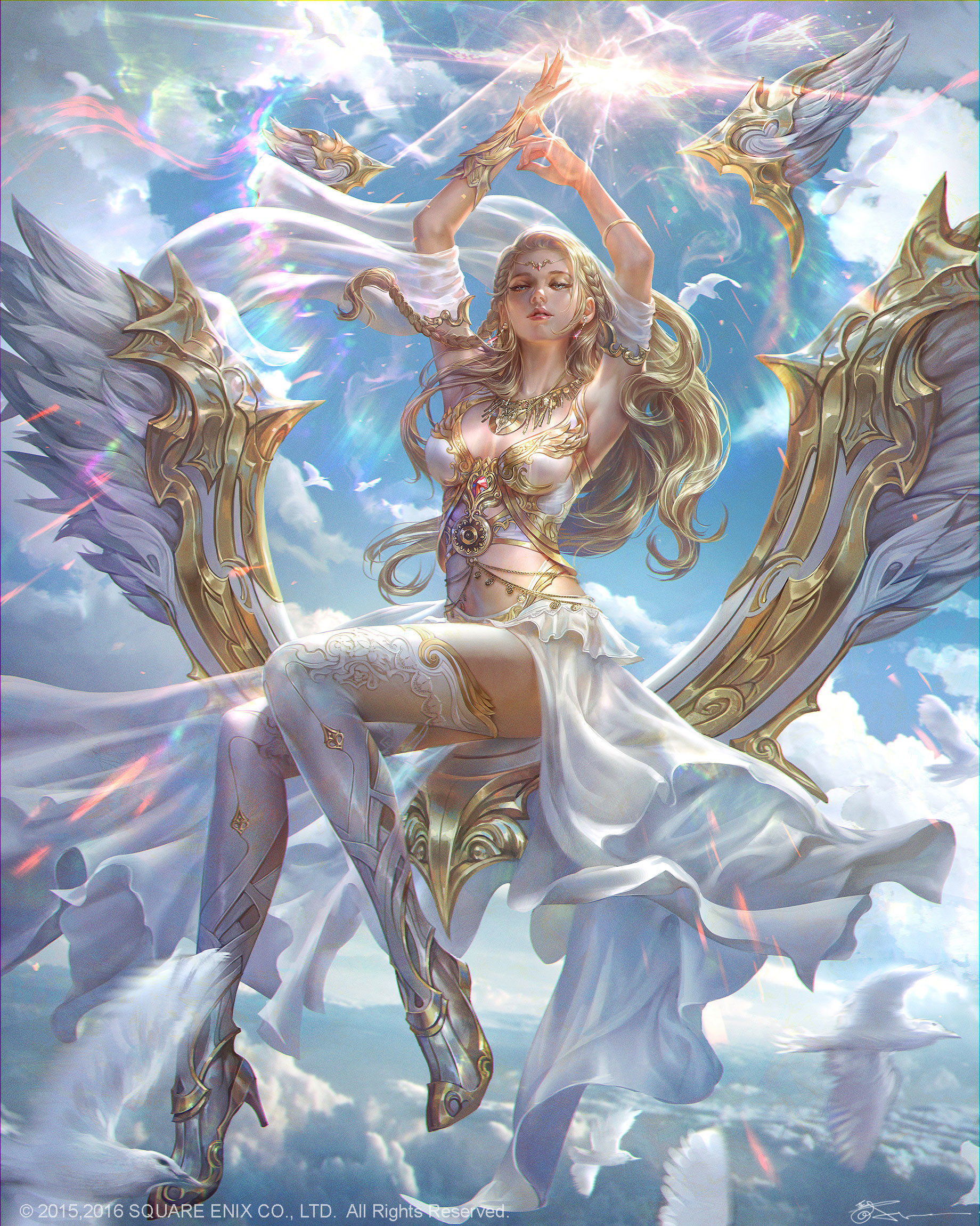 Jeremy Chong Drawing Women Blonde Long Hair Clouds Rainbows Wings Angel Fantasy Art Sky 1840x2300