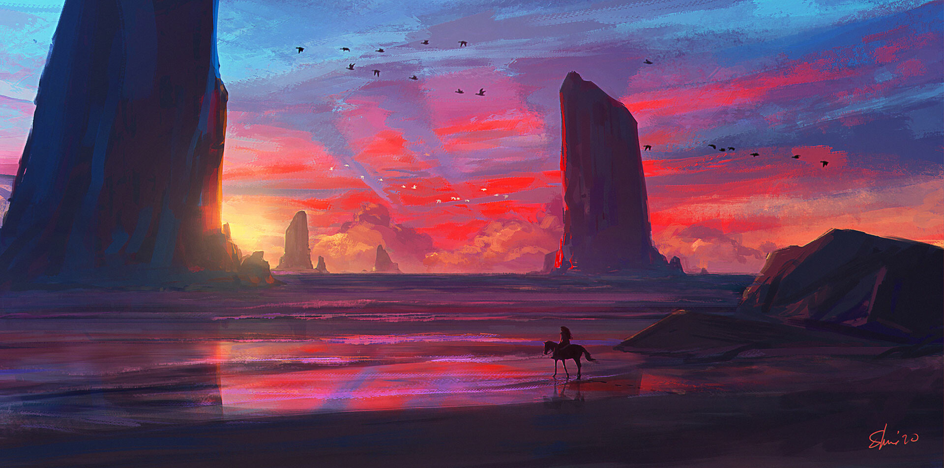 Digital Art Landscape Sunset ArtStation Sebastien Hue 1920x952