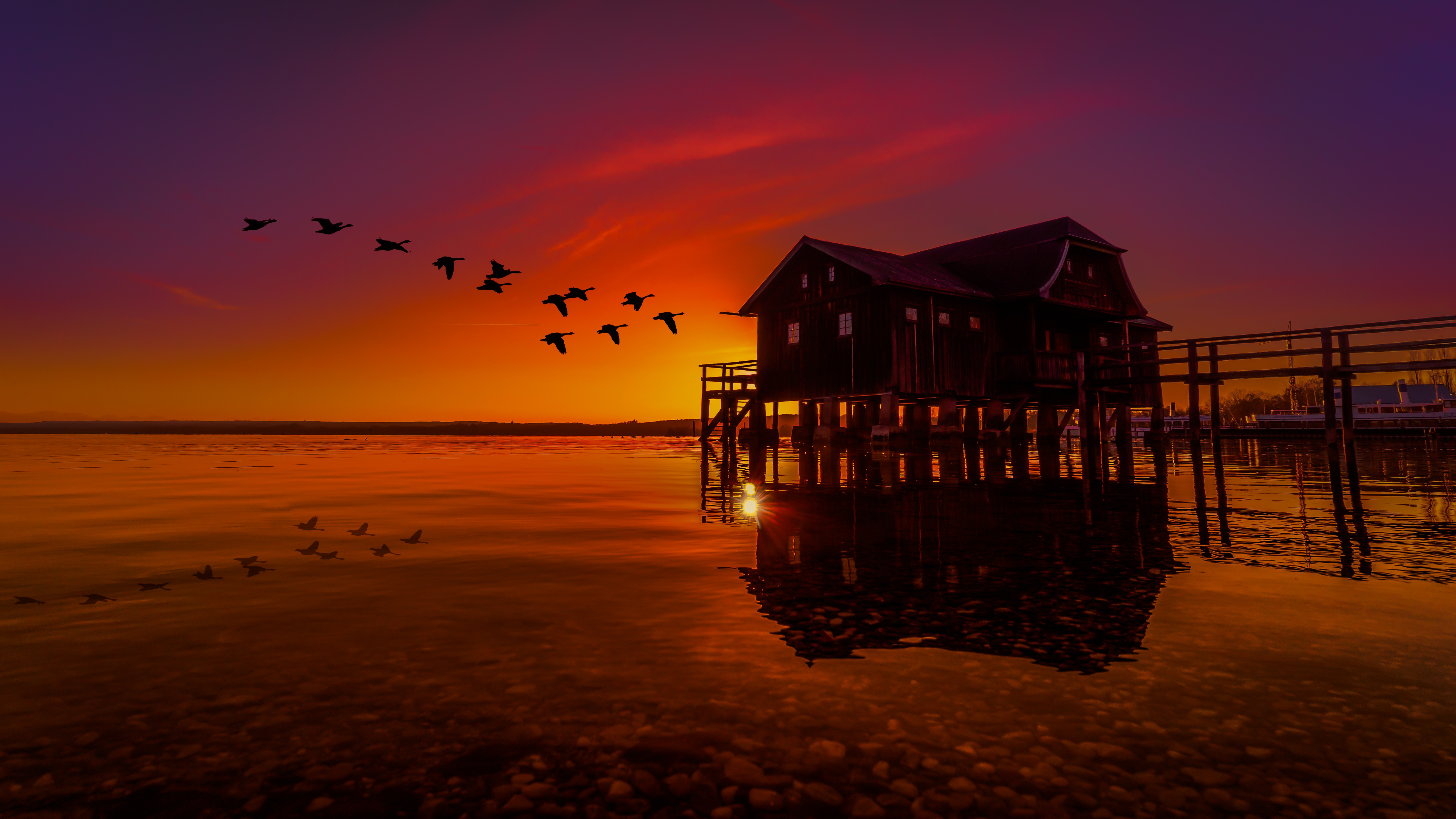 Boat House Flock Of Birds Lake Reflection Sunset 5676x3193