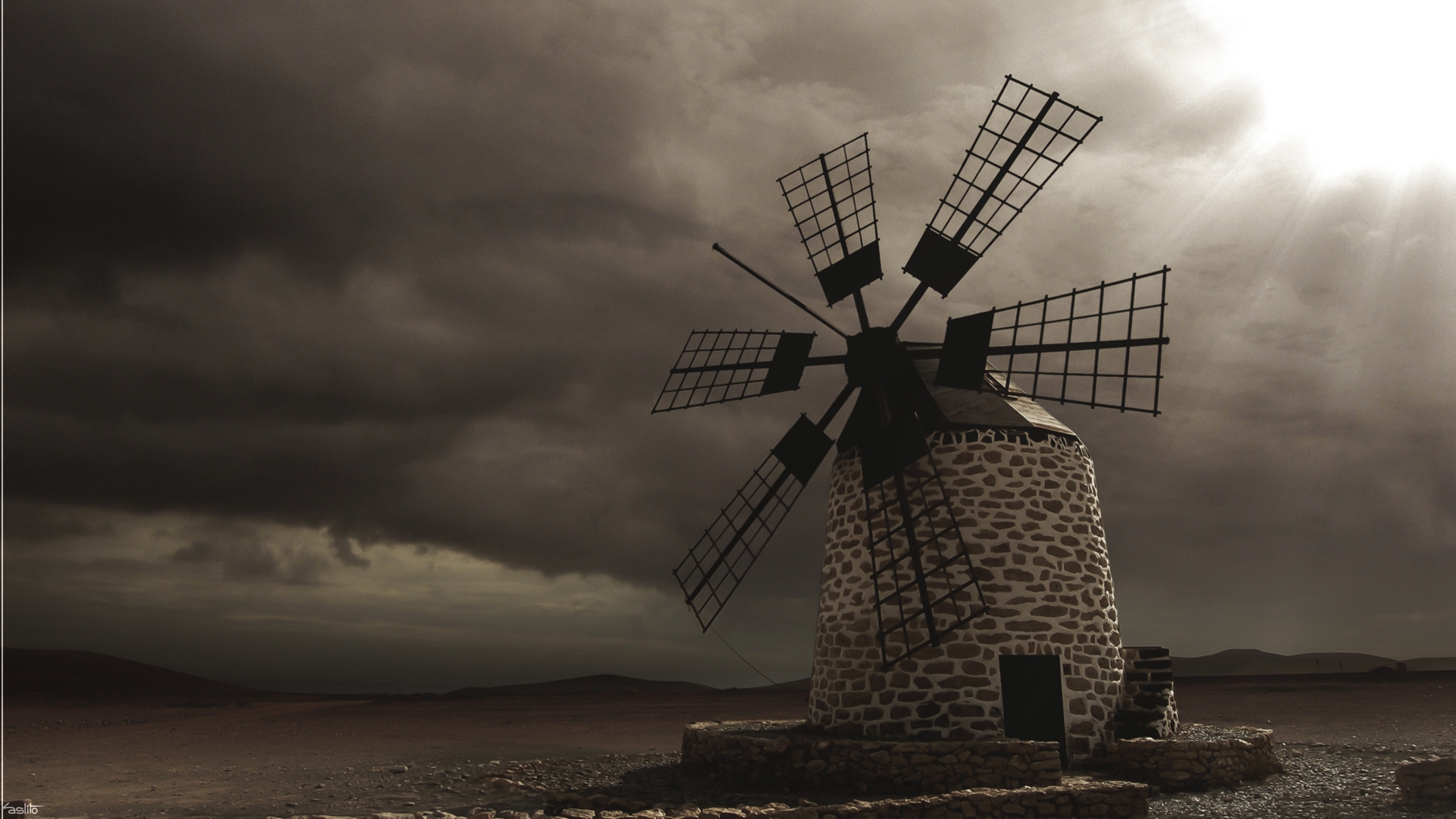 Windmill Sepia Overcast Fuerteventura Canary Islands Kaslito 1920x1080