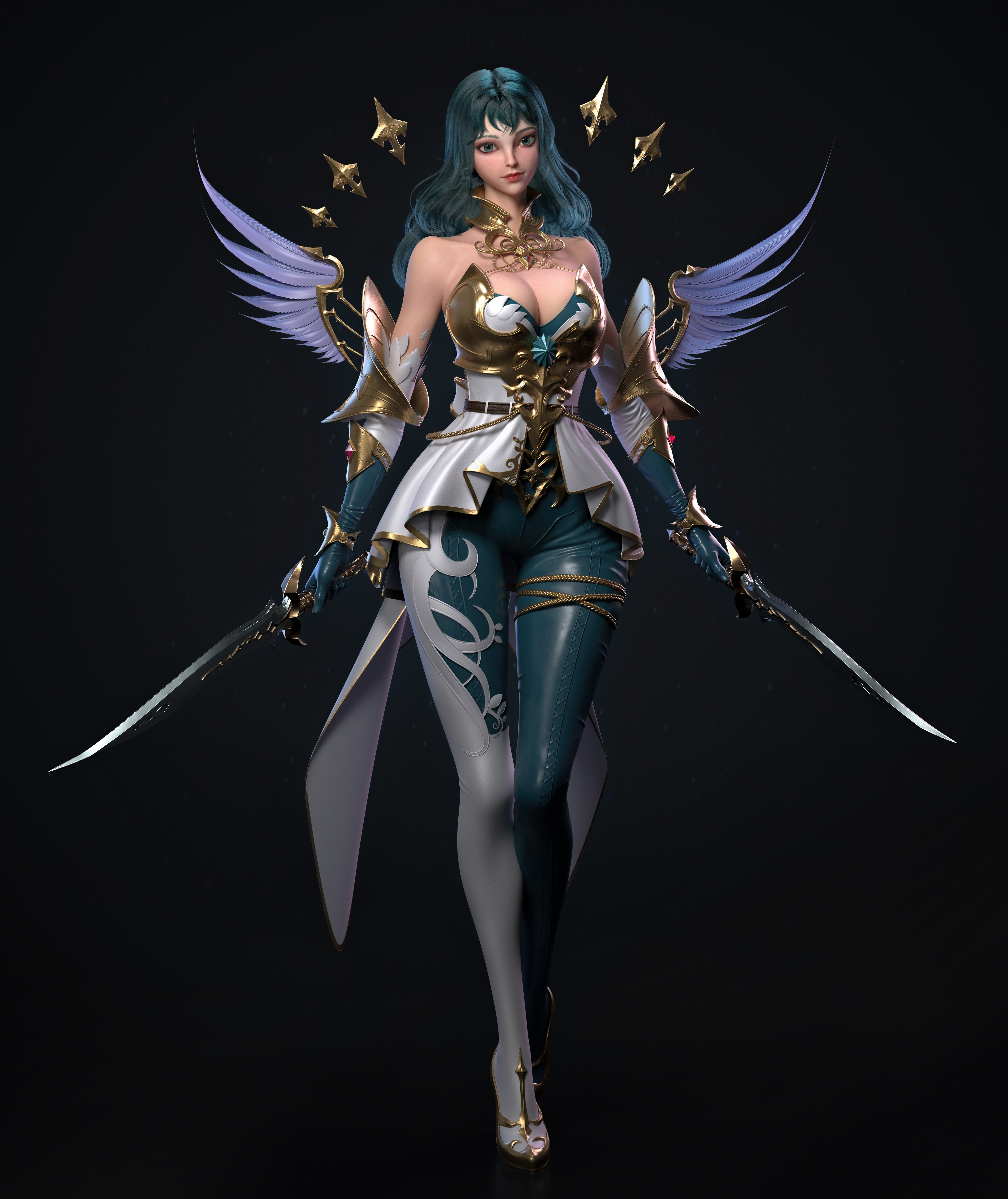 Cifangyi CGi Women Blue Hair Warrior Armor Wings Sword Weapon Simple Background Long Hair Turquise H 3840x4565