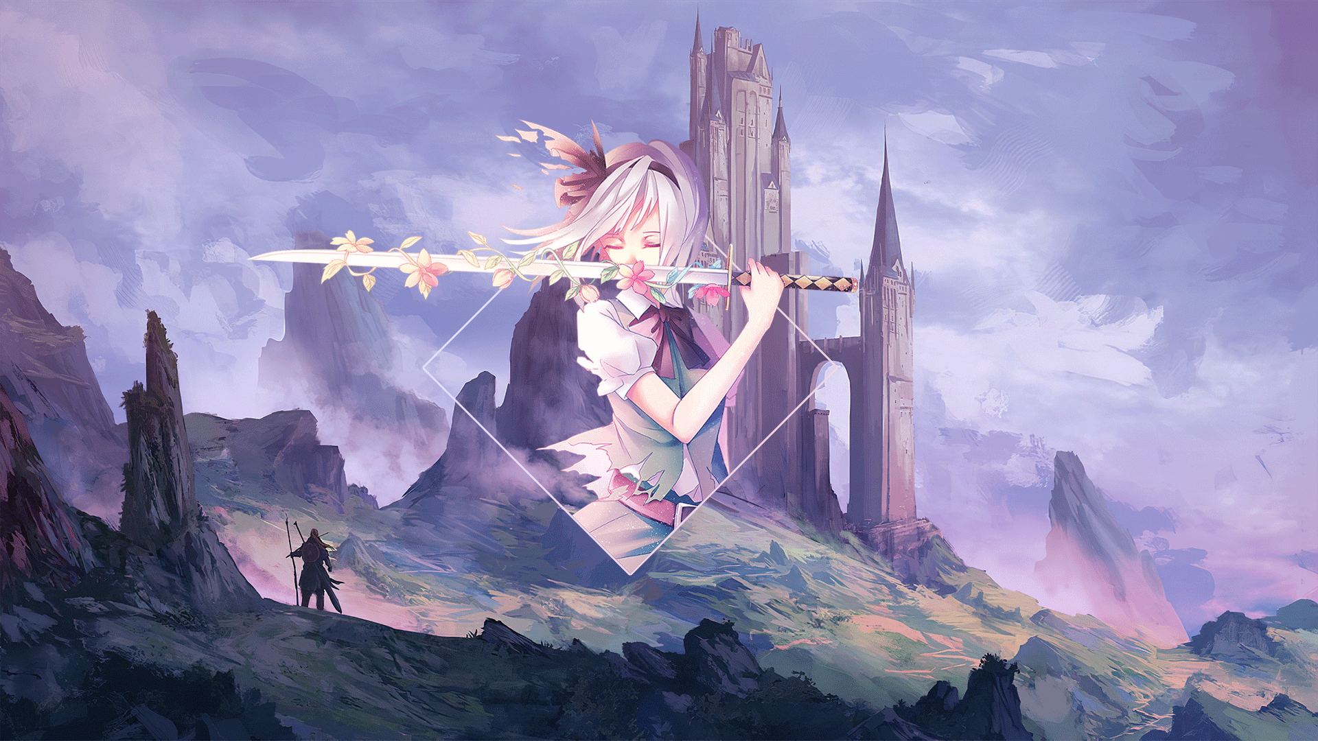 Anime Anime Girls Photoshop Digital Art Anime Landscape Picture In Picture Flowers Sword Background  1920x1080