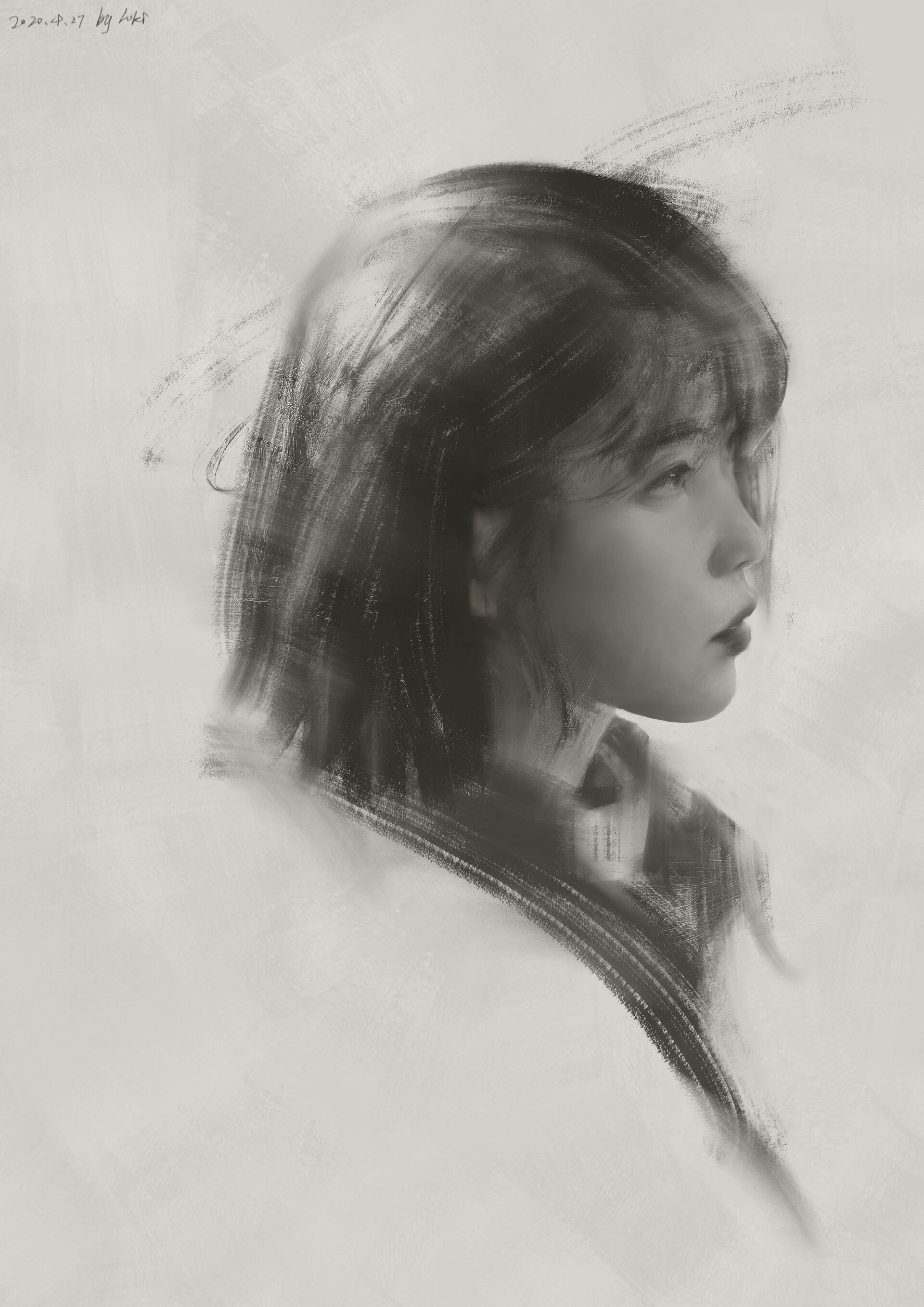 Artwork Women Asian Portrait Face Drawing Simple Background Monochrome 1920x2715