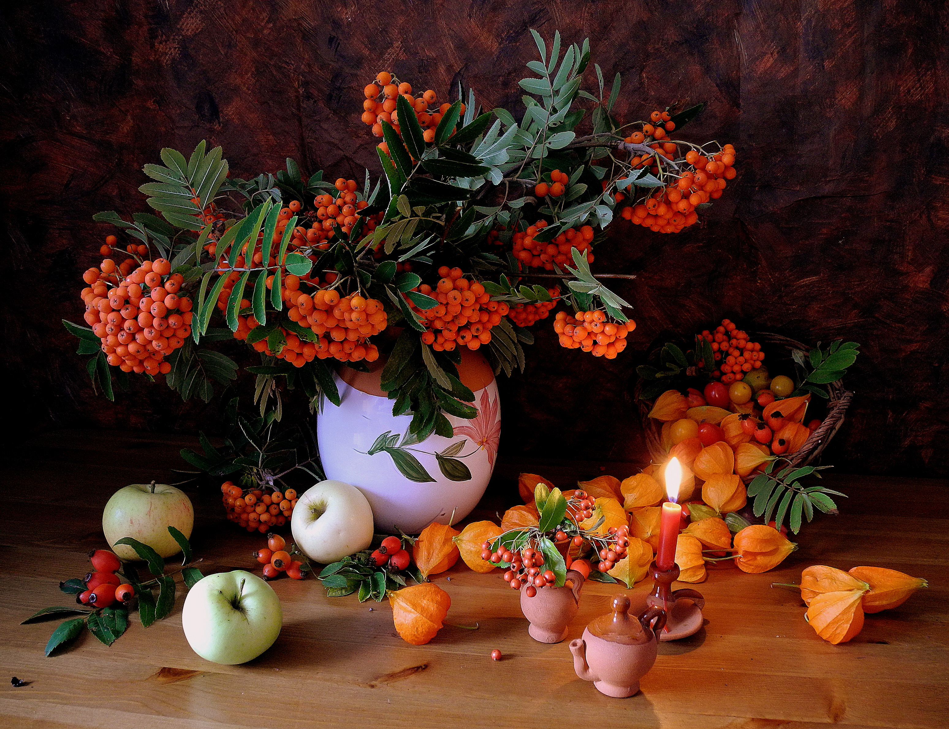 Apple Apricot Berry Candle Fruit Leaf Pitcher Still Life Vase Orange Color 3097x2379