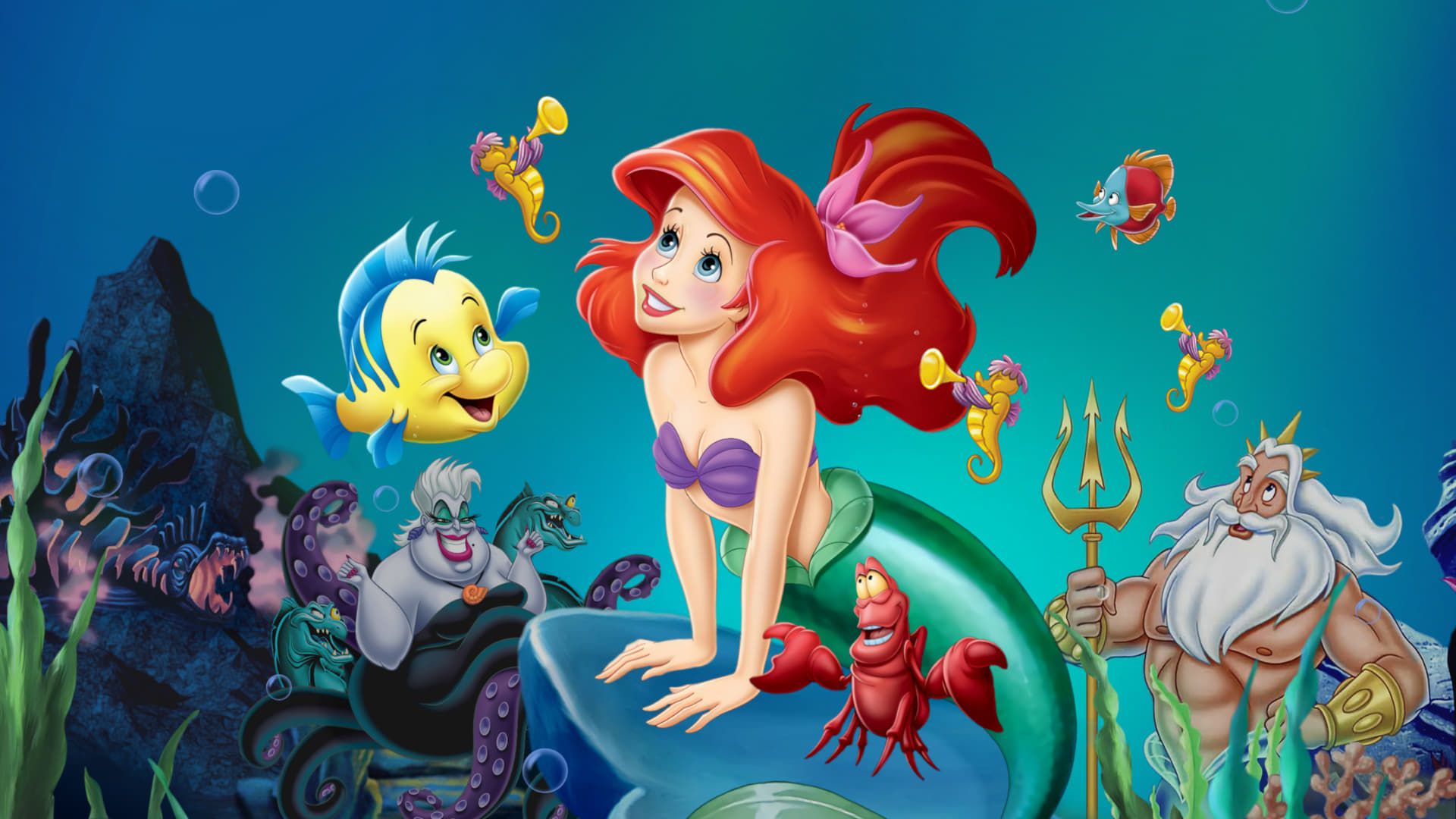 Ariel The Little Mermaid Fish Flounder The Little Mermaid King Triton Mermaid Merman Red Hair Sebast 1920x1080