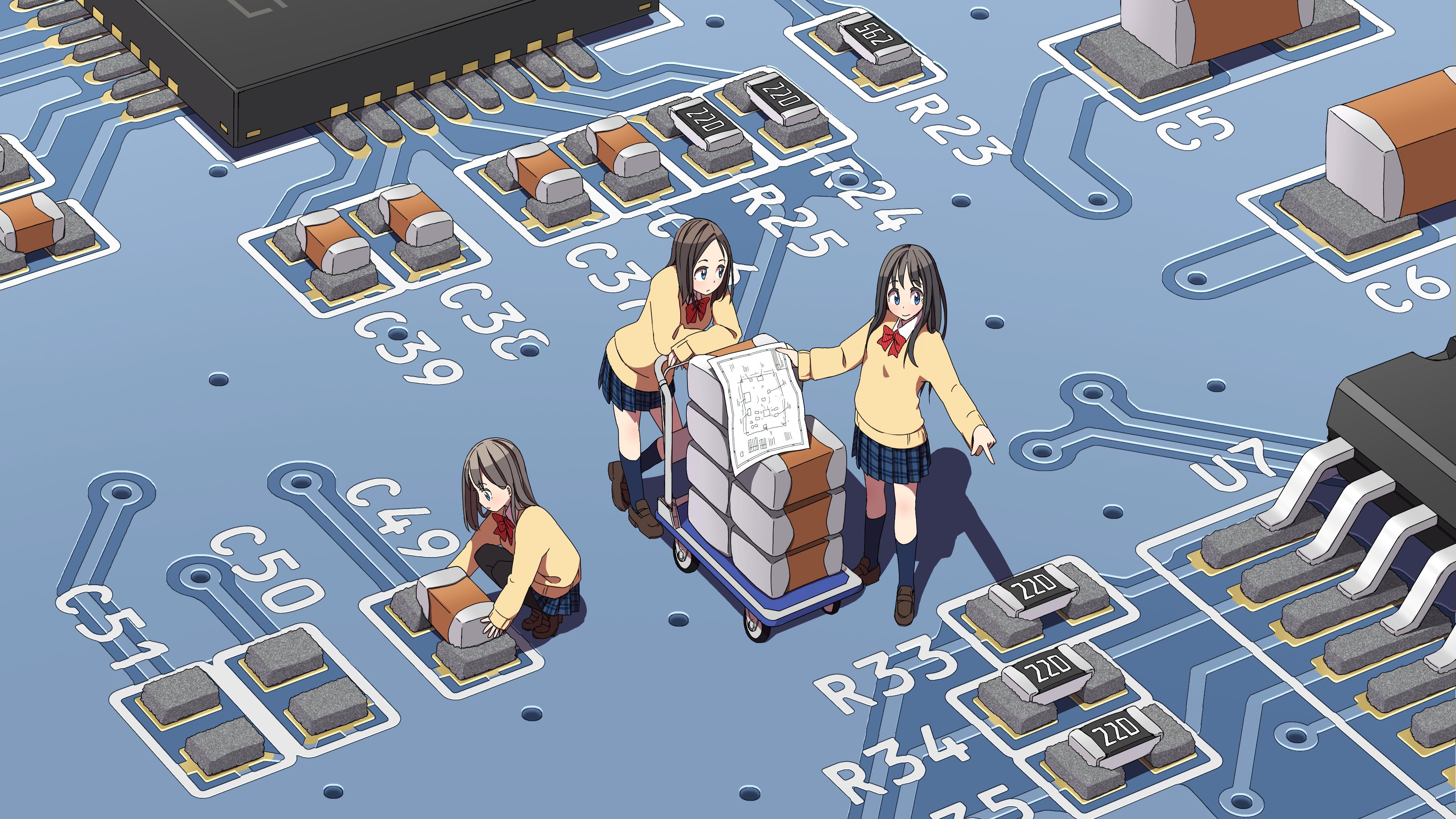 Anime Girls Circuit Boards School Uniform Syego 3840x2160