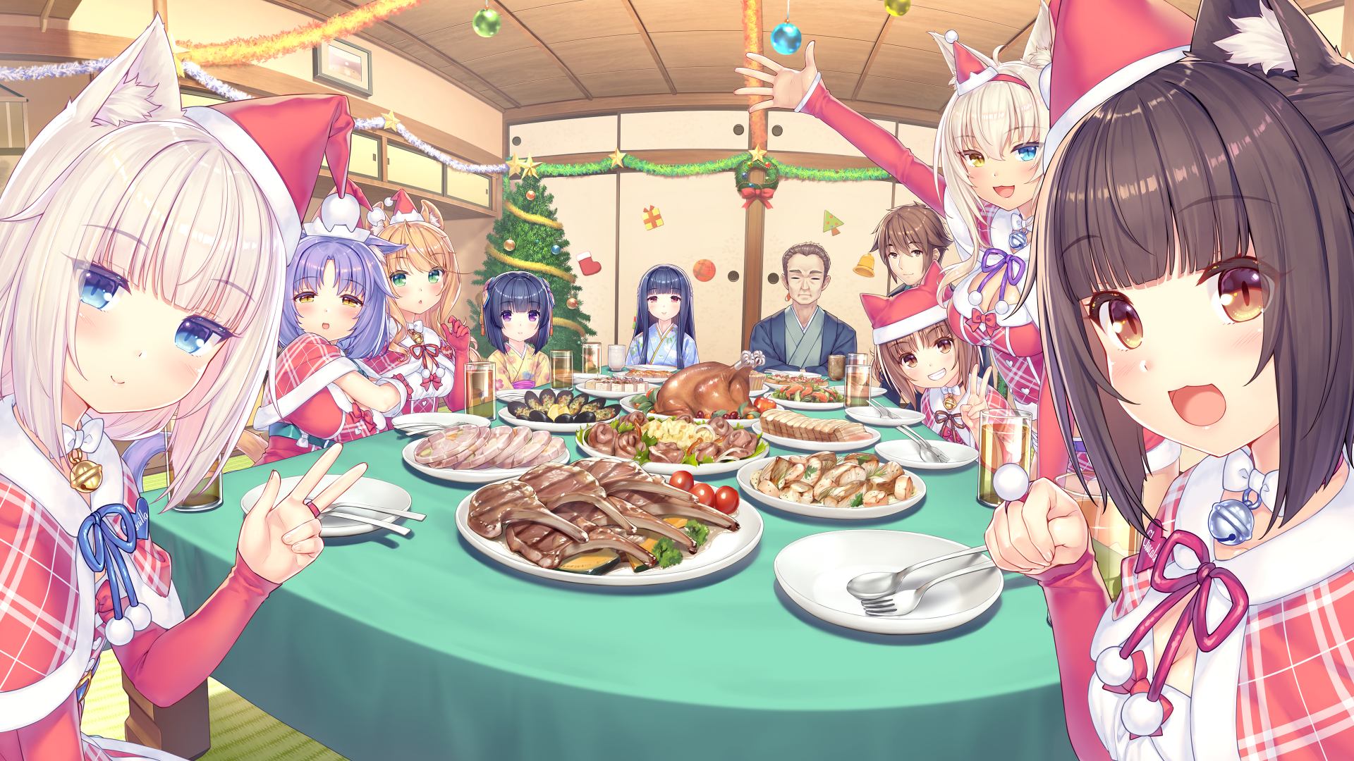 Neko Para Anime Girls Anime Games Anime Santa Girl Santa Hats Christmas Food Animal Ears 1920x1080