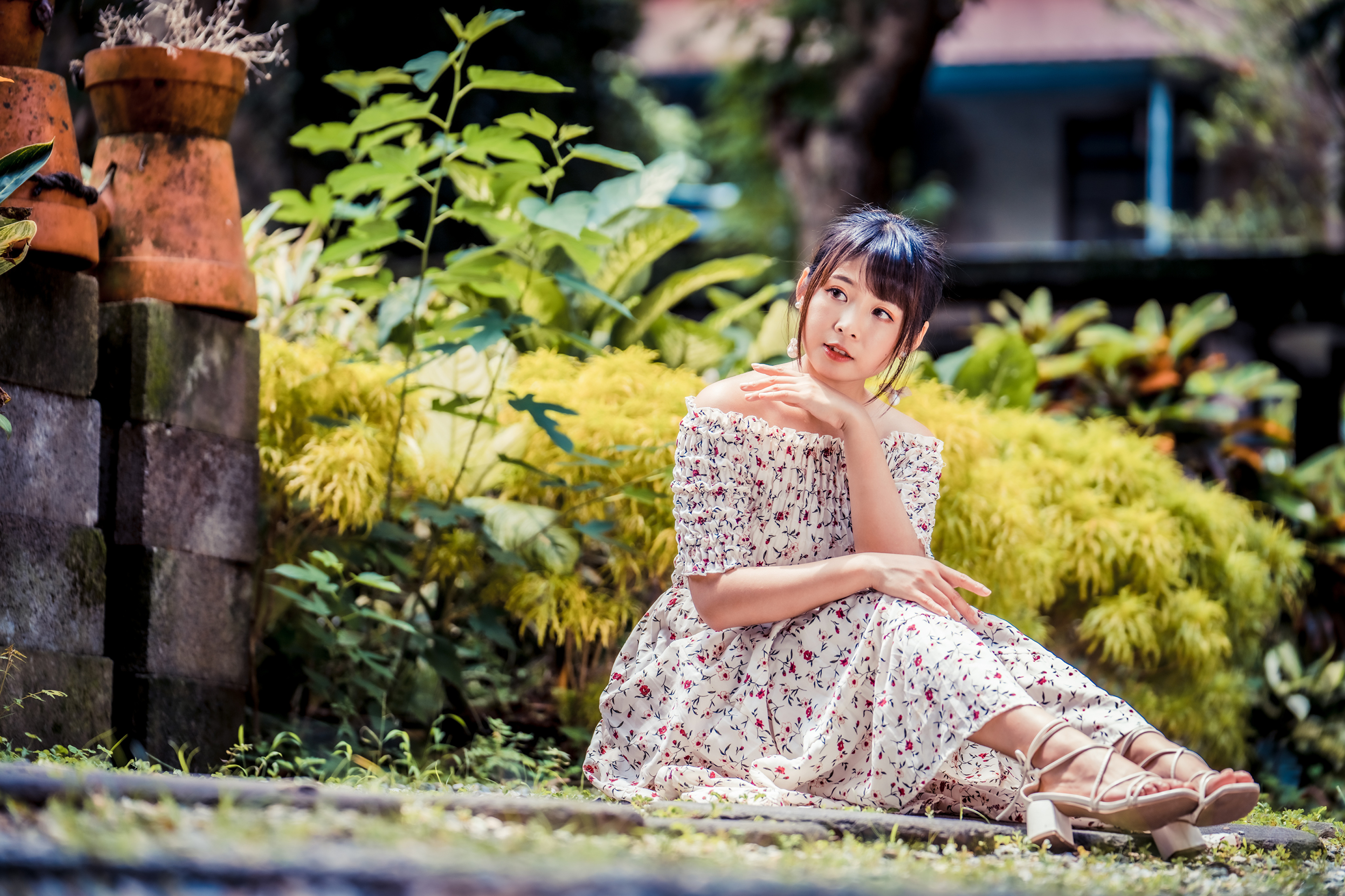 Asian Model Women Long Hair Brunette Depth Of Field Flower Dress Barefoot Sandal Sitting Bushes Plan 3840x2559