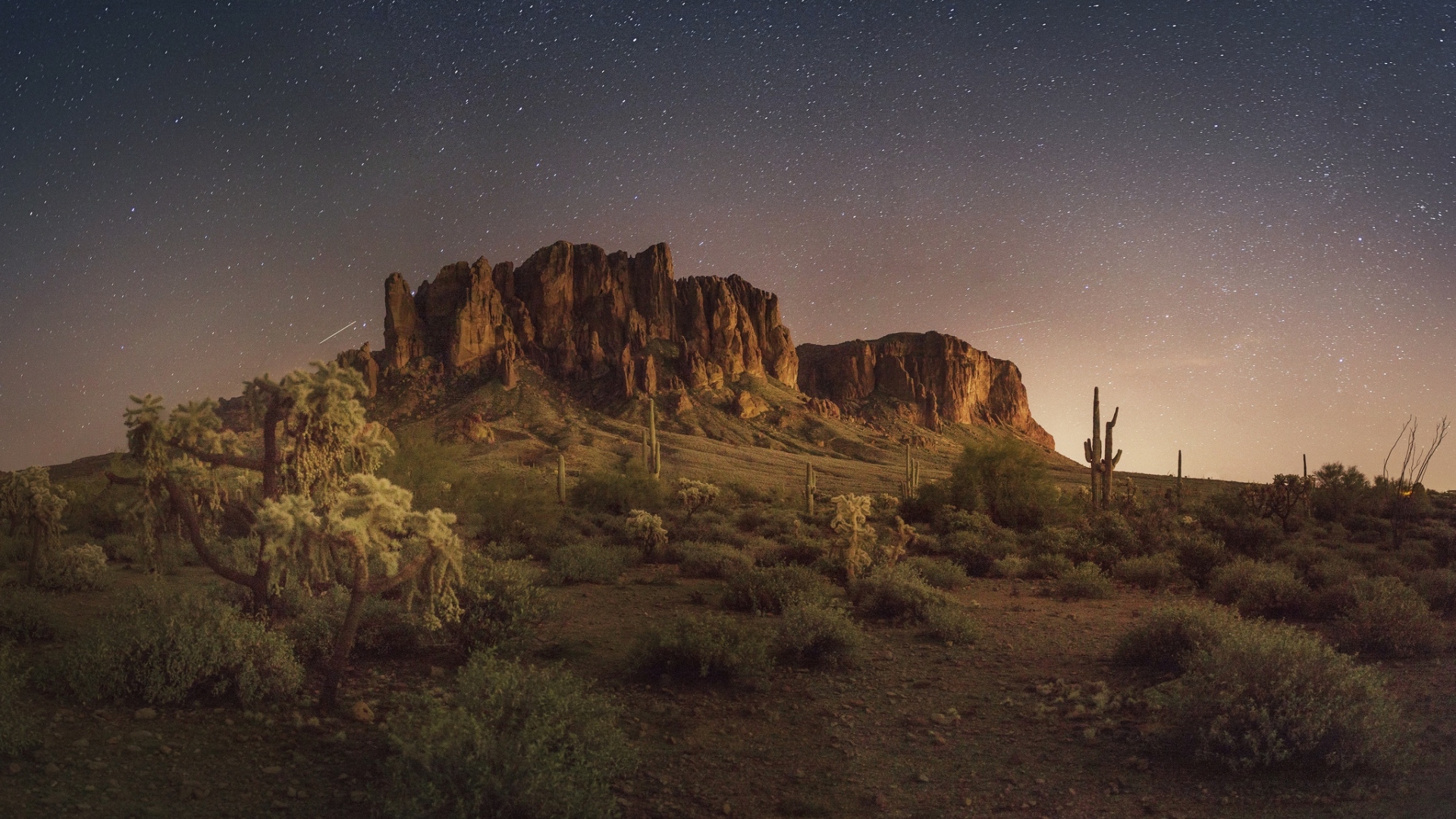Mountains Desert Stars Natural Light Landscape Saguaro Arizona 1920x1080