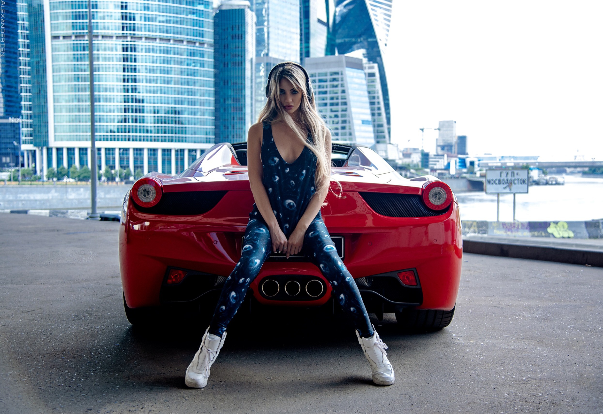 Masha Glushchuk Model Women Blonde Blue Eyes Tank Top Pants Sneakers Car Ferrari Headphones City Urb 2491x1710