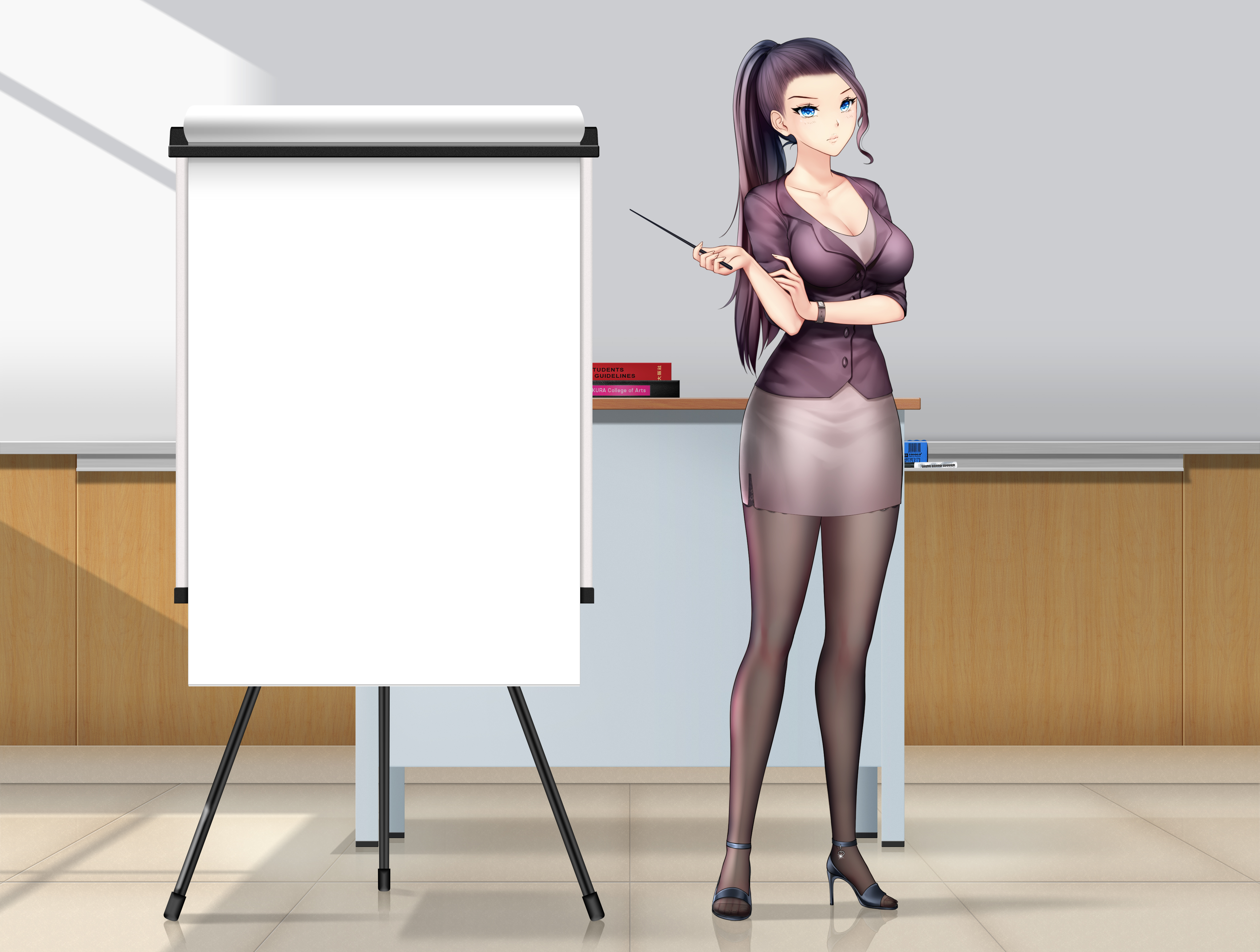 Teachers Classroom Anime Anime Girls Blue Eyes Long Hair Thin Eyebrows Black Hair Heels Skirt Short  4100x3100