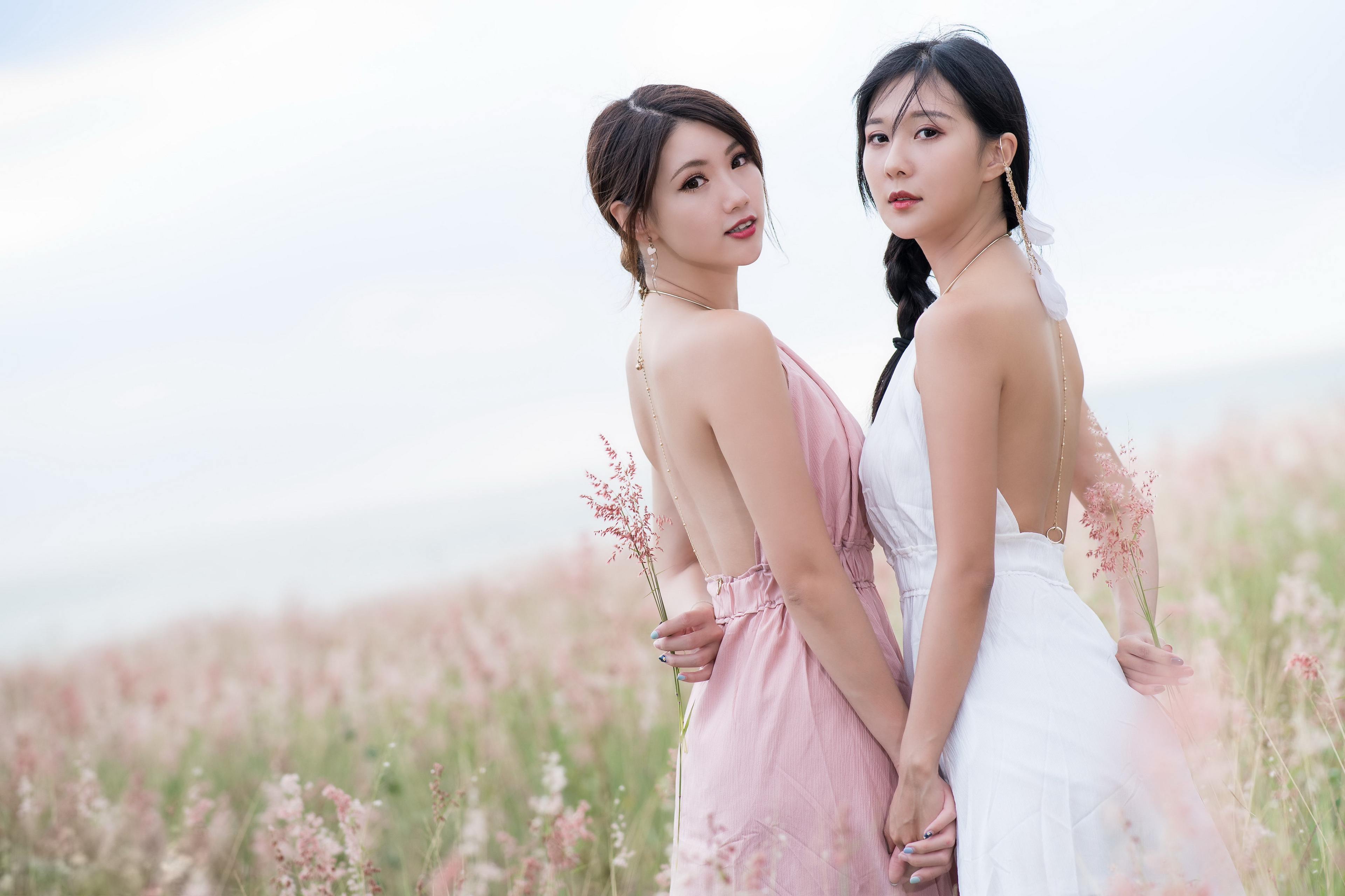 Asian Model Women Long Hair Brunette Pink Dress White Dress Flowers Field Braided Hair Ponytail Hold 3840x2559
