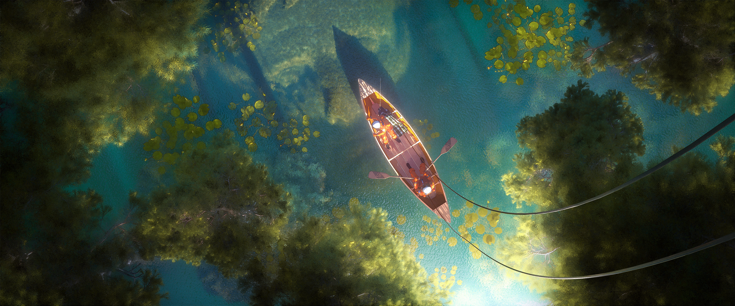 Artwork Digital Art Lake Boat Astronaut Water Lilies Plants Top View Landscape 2900x1210