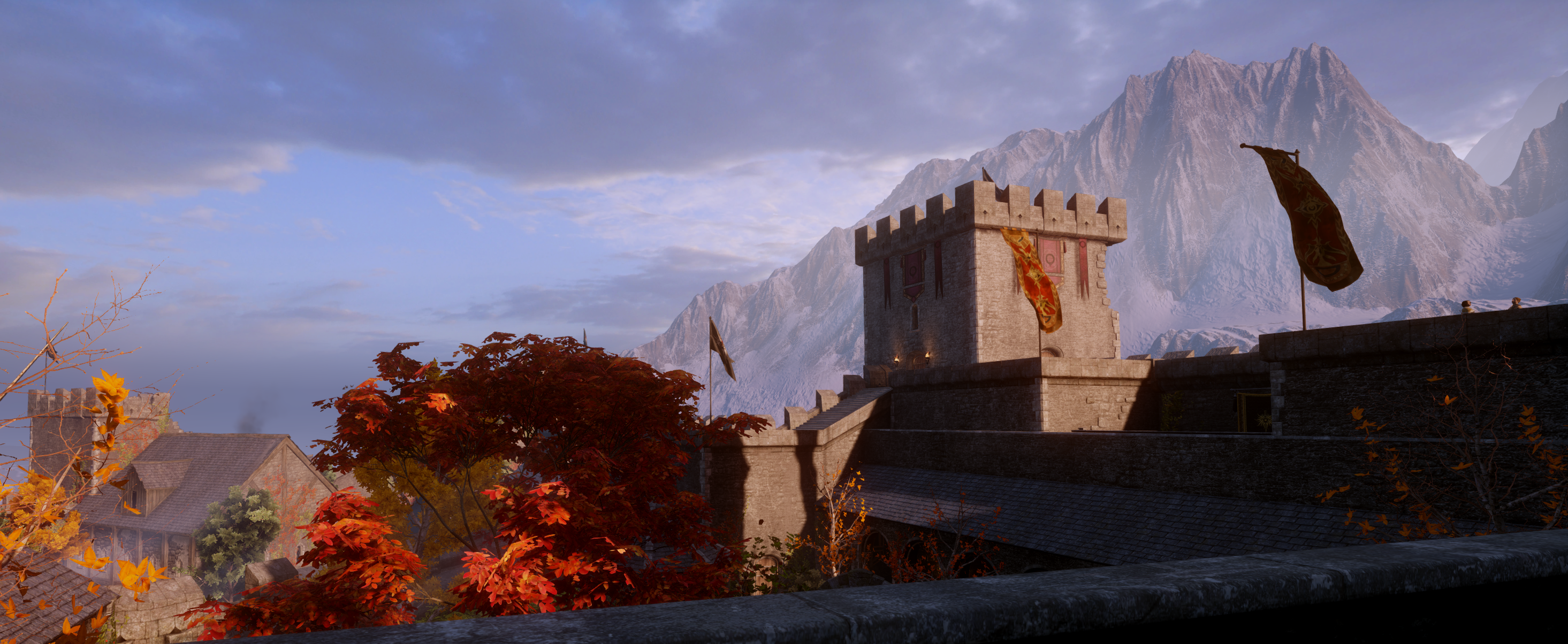 Dragon Age Inquisition Dragon Age Skyhold Castle Landscape Red Orange Mountains 2930x1204