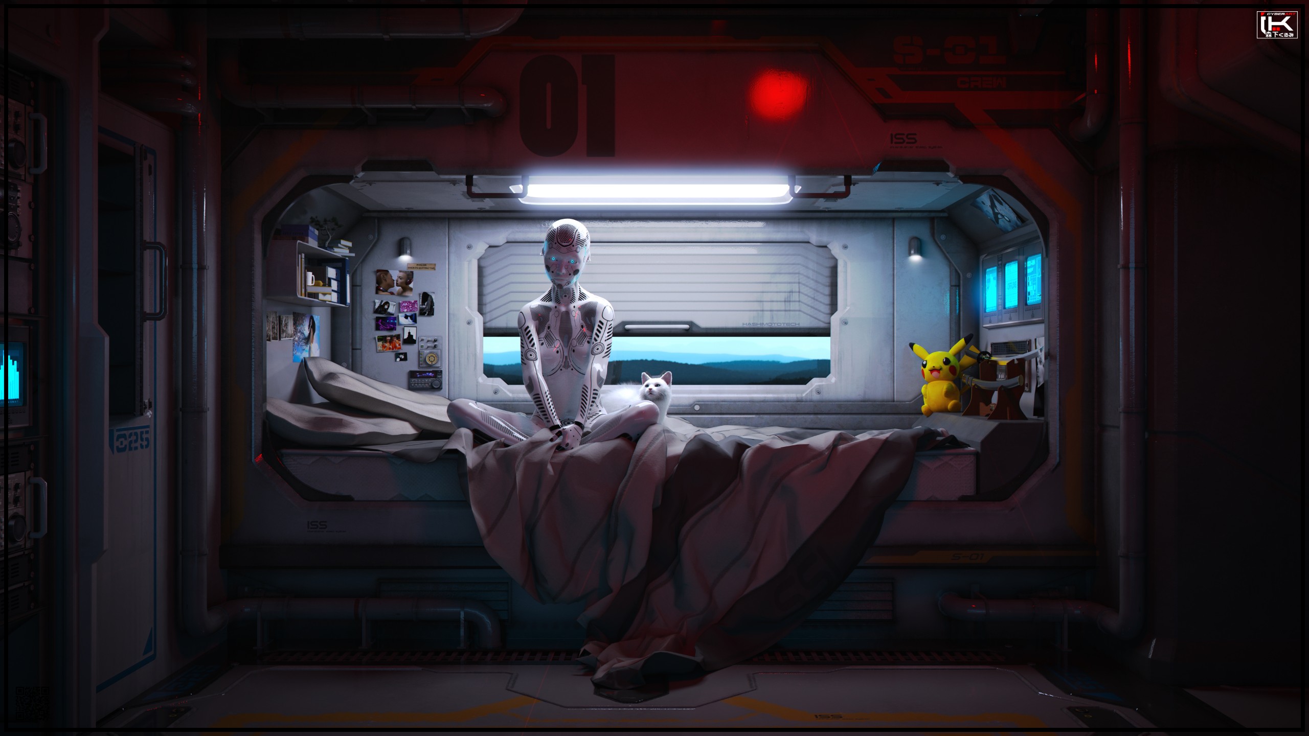 Space Station Robot Futuristic Cyborg 3D Render CGi Science Fiction Cats Machine Blue Eyes Sitting D 2560x1440