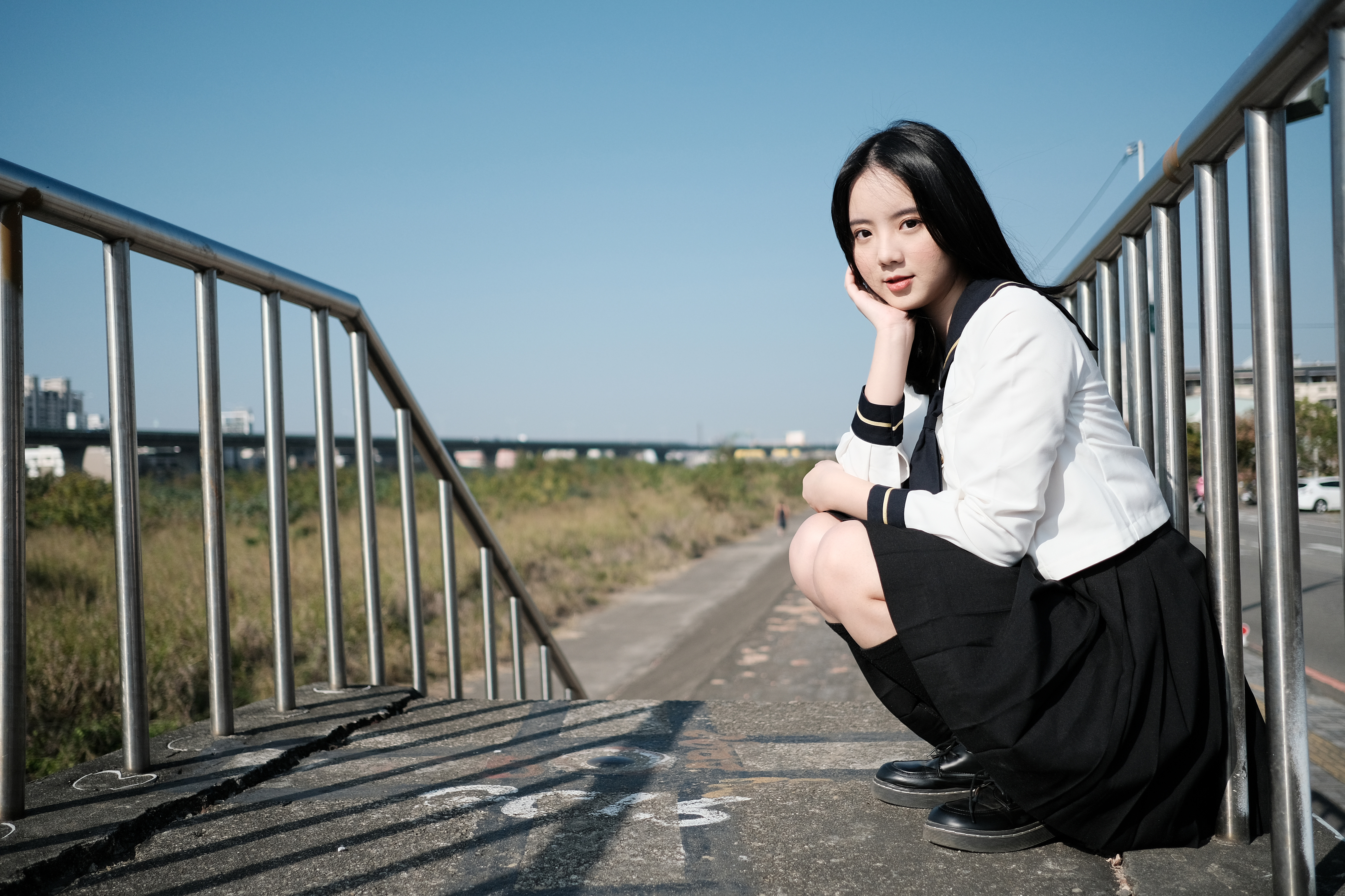 Asian Model Women Long Hair Black Hair Black Skirts Blouse School Uniform Knee High Socks Passage Sh 4562x3041