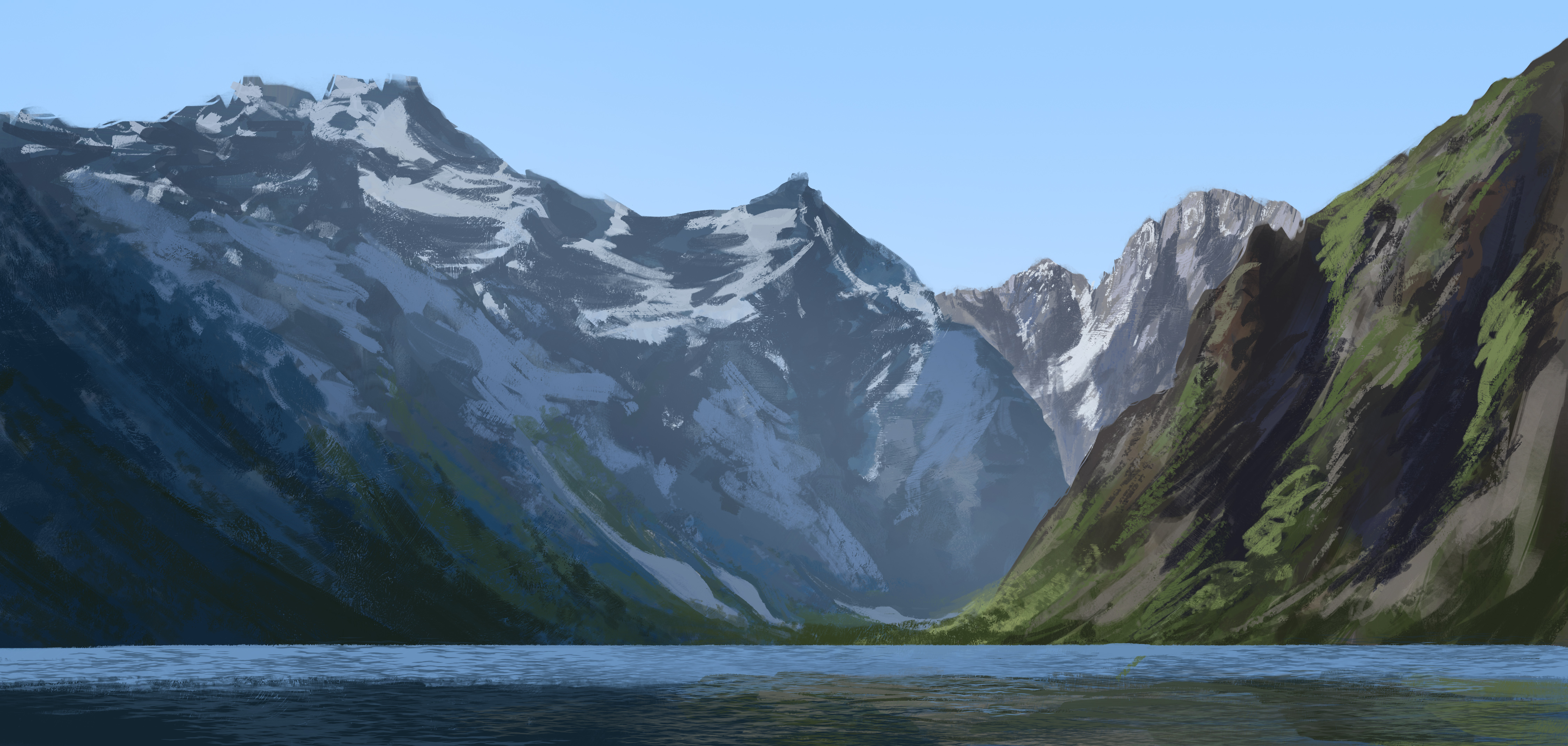 Digital Painting New Zealand Mountains Lake Landscape RuefulRaptor Artwork Nature Water 4500x2142