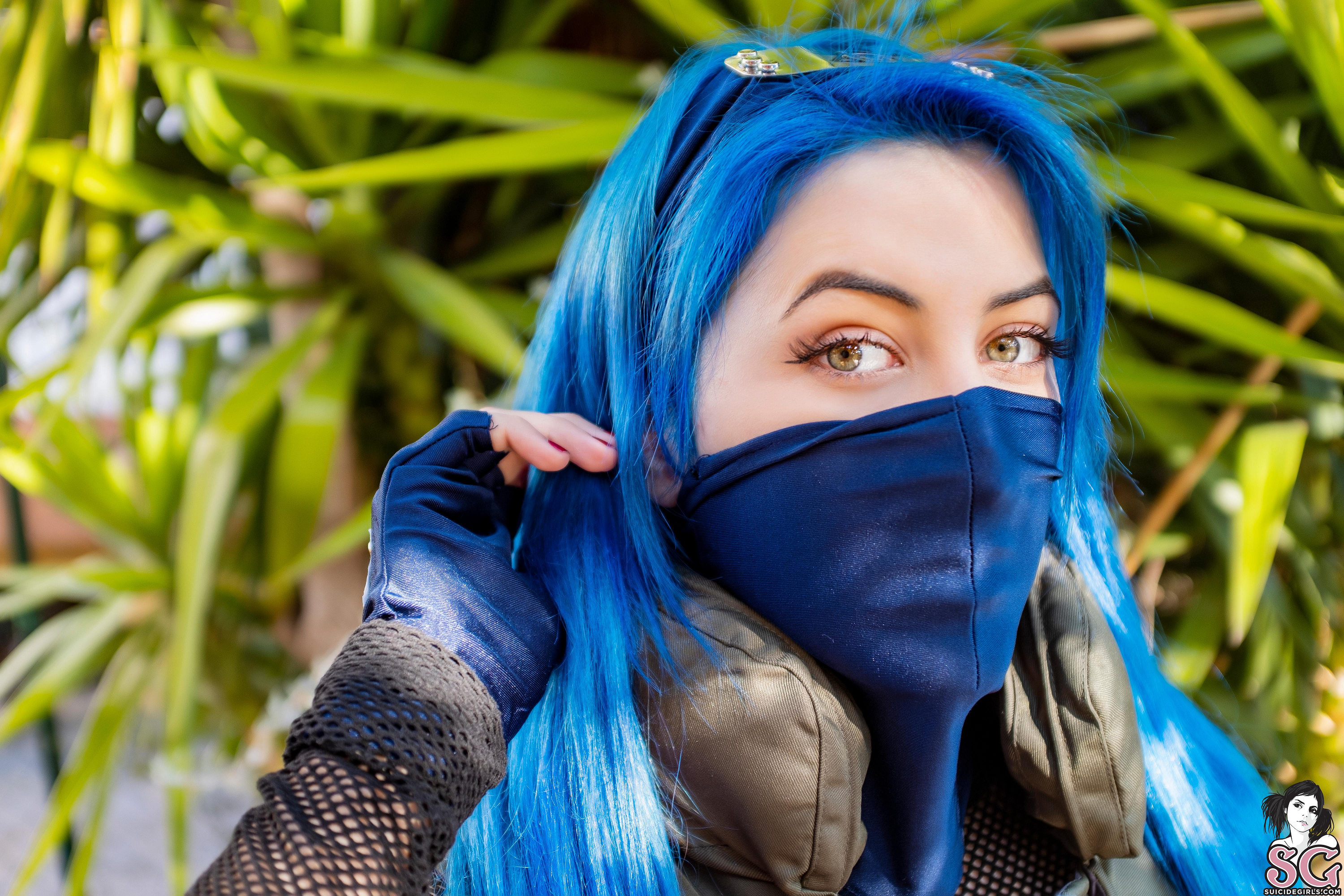 Women Model Blue Hair Dyed Hair Looking At Viewer Face Mask Vest Portrait Long Hair 3000x2000