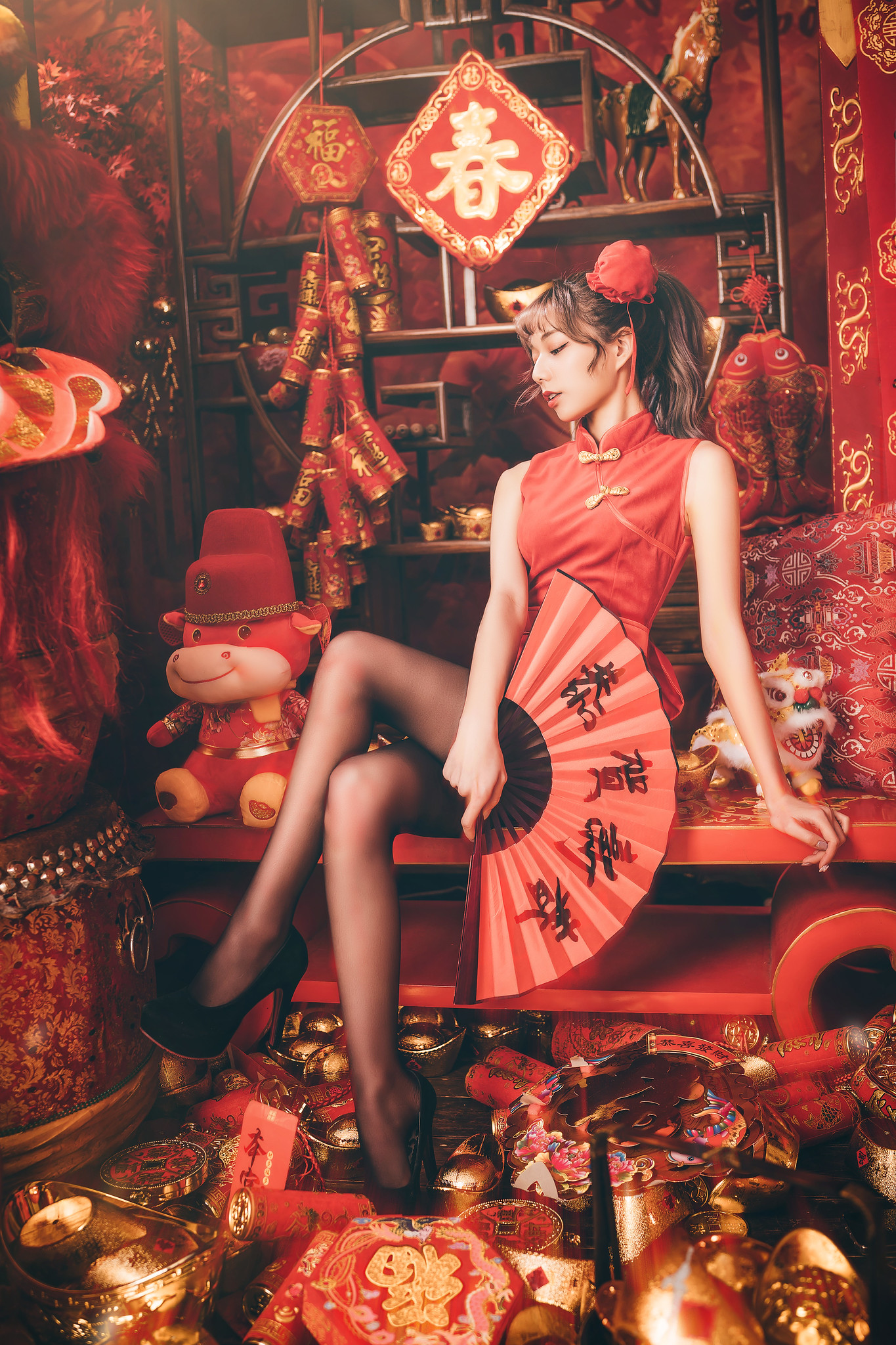 Asian Model Women Sitting Legs Women Indoors Dress Red Dress Heels Black Heels Brunette Sexy Funk Pi 1365x2048