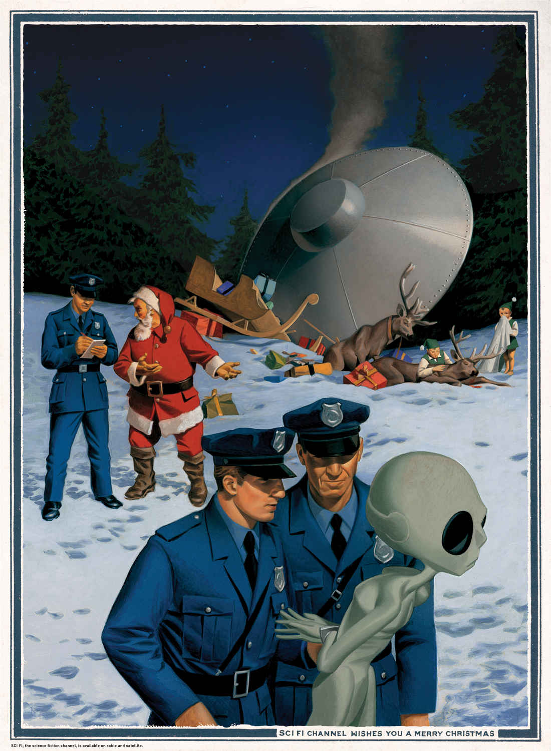 Christmas Santa Claus Aliens UFO Police Flying Saucers Accidents Humor Snow 1100x1500