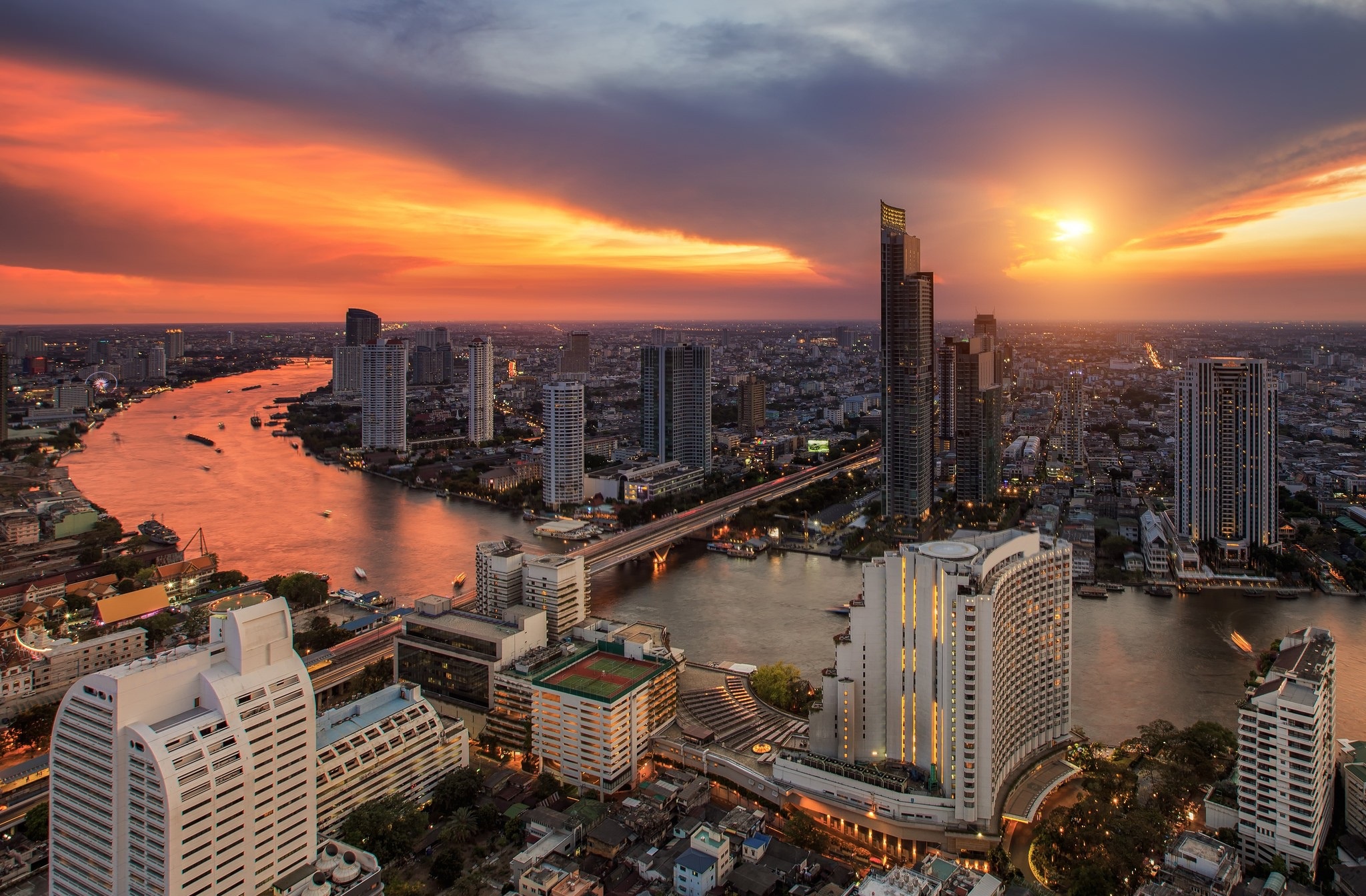 Bangkok Building City Cityscape River Skyscraper Sunset Thailand 2048x1344