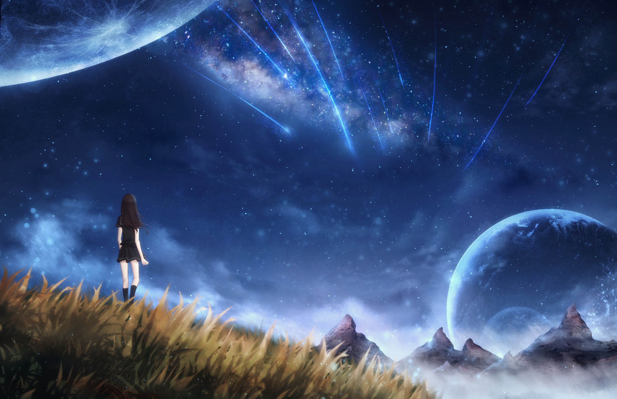 Comet Girl Landscape Planet Sky Stars 2031x1316