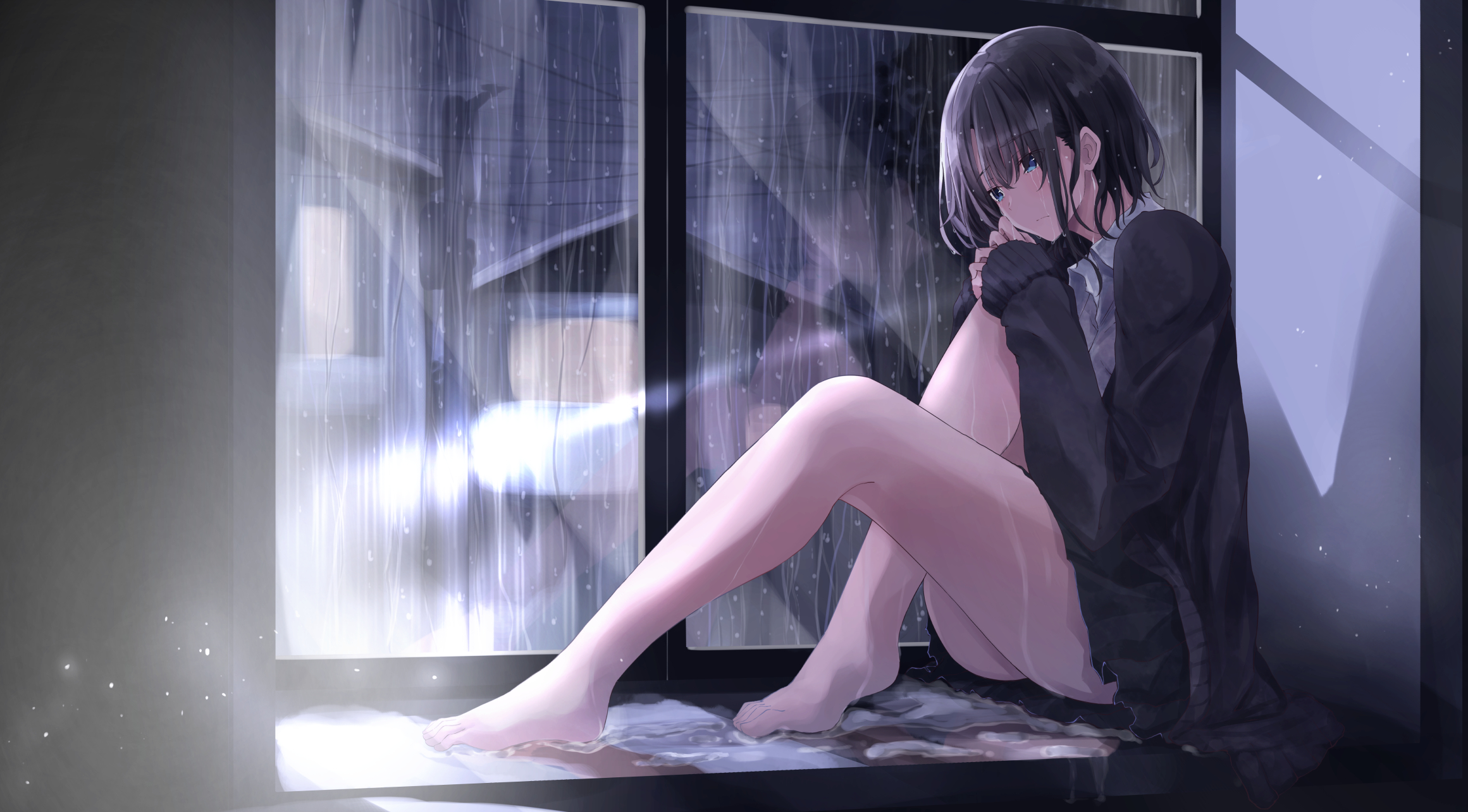 Anime Girls Short Hair Fuu Artist Barefoot Black Hair Blue Eyes Crying Rain Window 2321x1285