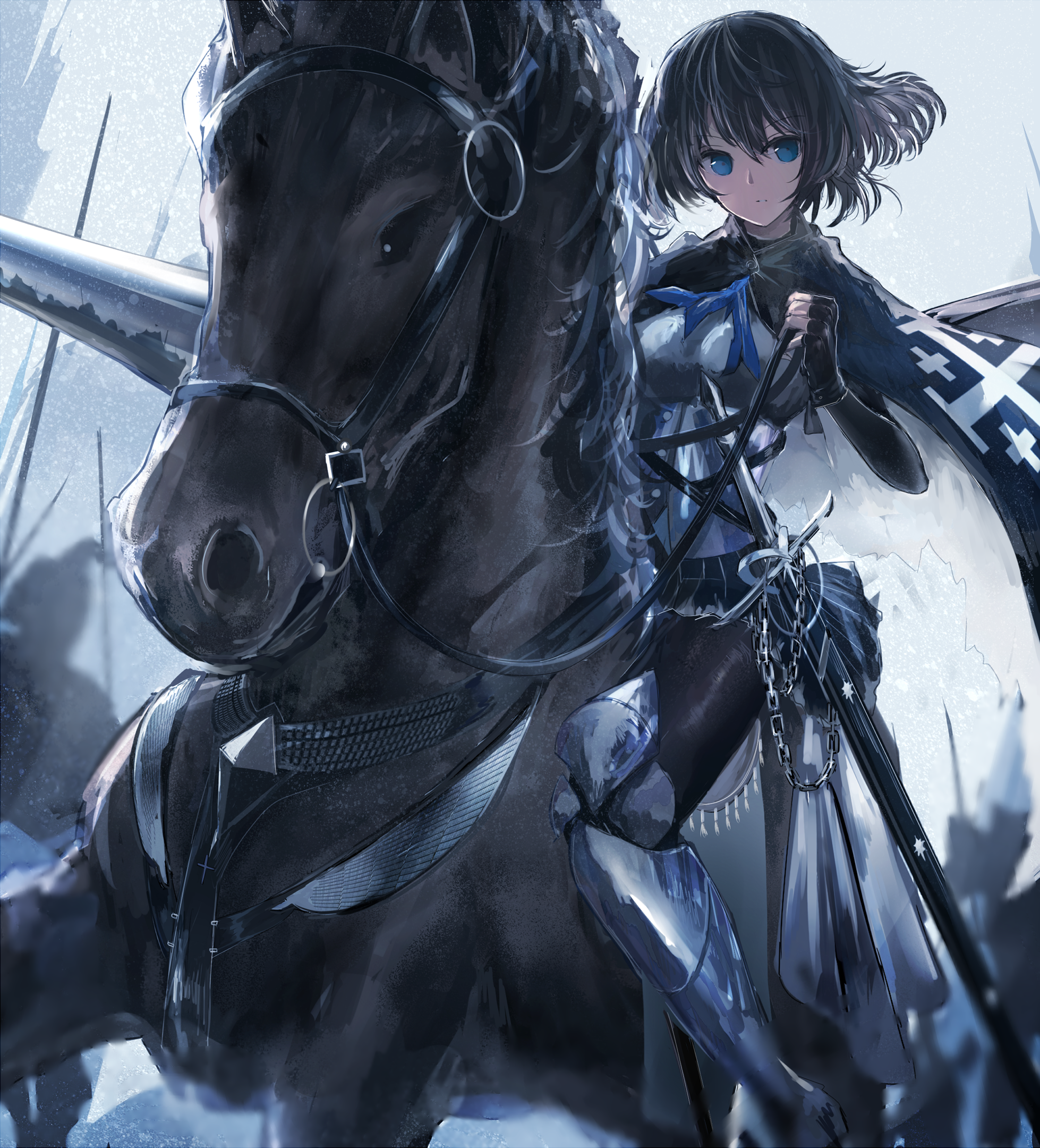 SWAV Anime Anime Girls Horse Sword Knight Dark Hair Short Hair Blue Eyes Armor 1958x2160