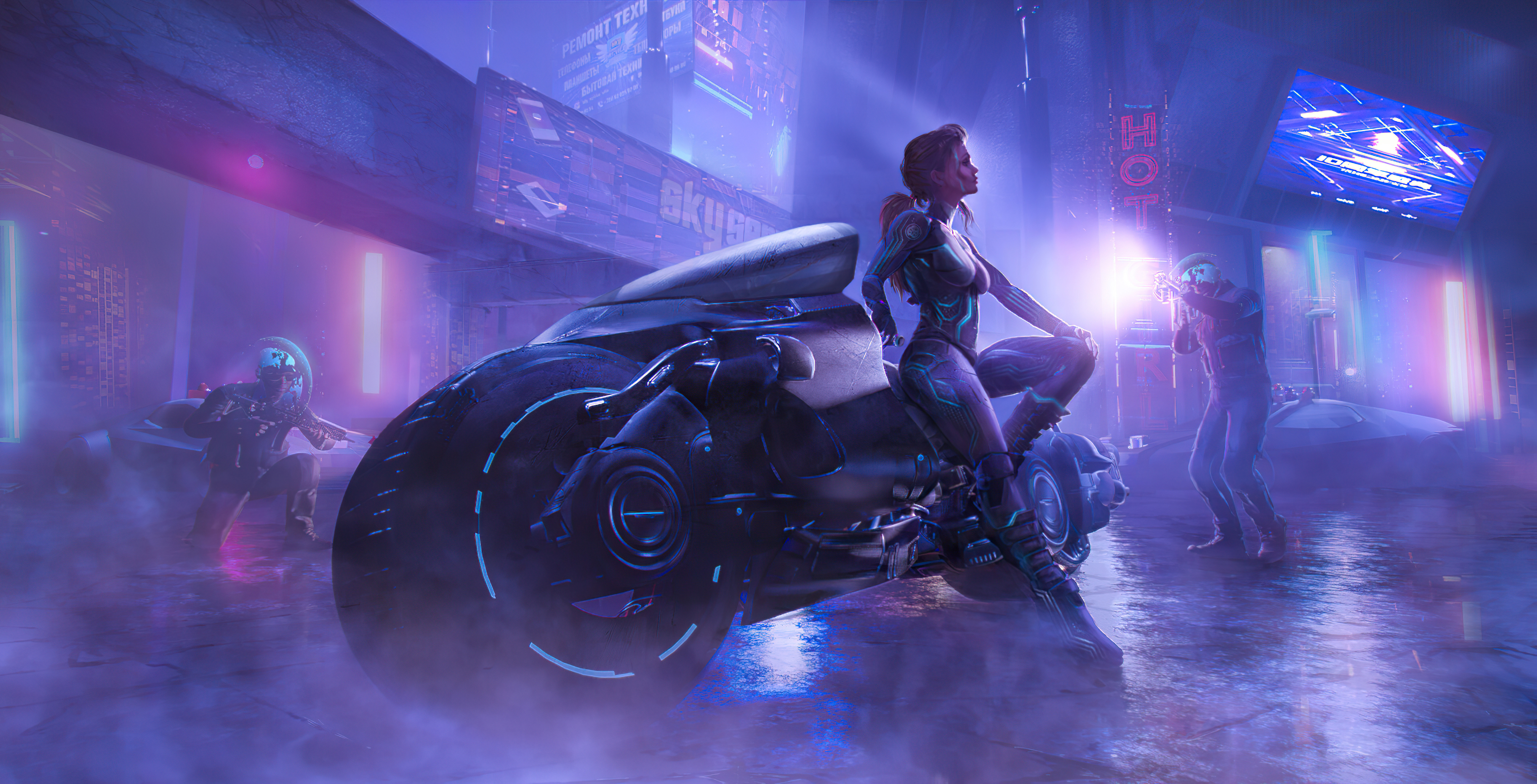 Science Fiction Women 4K Digital Art Artwork Cyberpunk Exosuit Smoke Motorcycle Women With Motorcycl 3840x1960