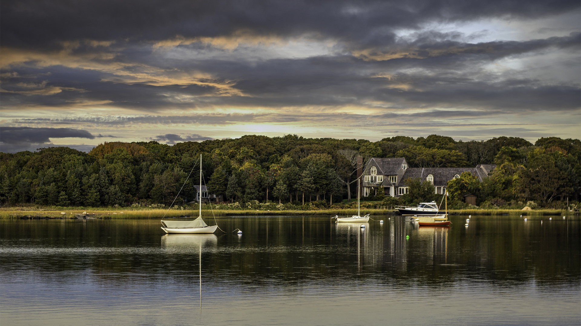 Sunset Sailboats Evening Glow 1920x1080