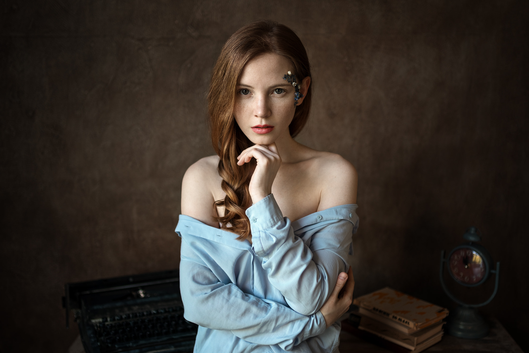Aleksandr Kurennoi Women Brunette Long Hair Braids Makeup Freckles Bare Shoulders Shirt Indoors Type 2000x1334