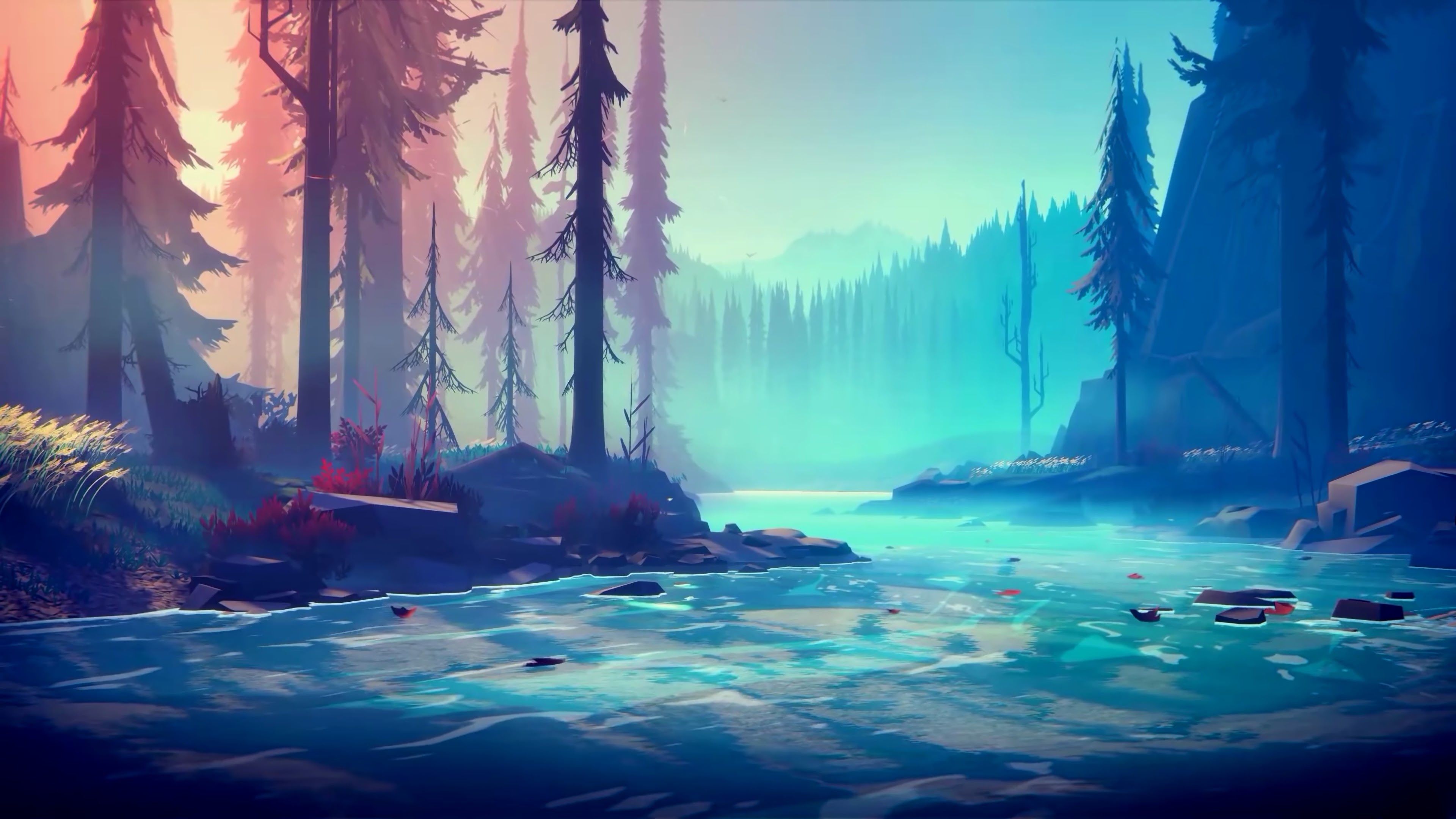 Among Trees Video Game Art Forest Trees River Mist Landscape Nature Mikael Gustafsson Illustration D 3840x2160