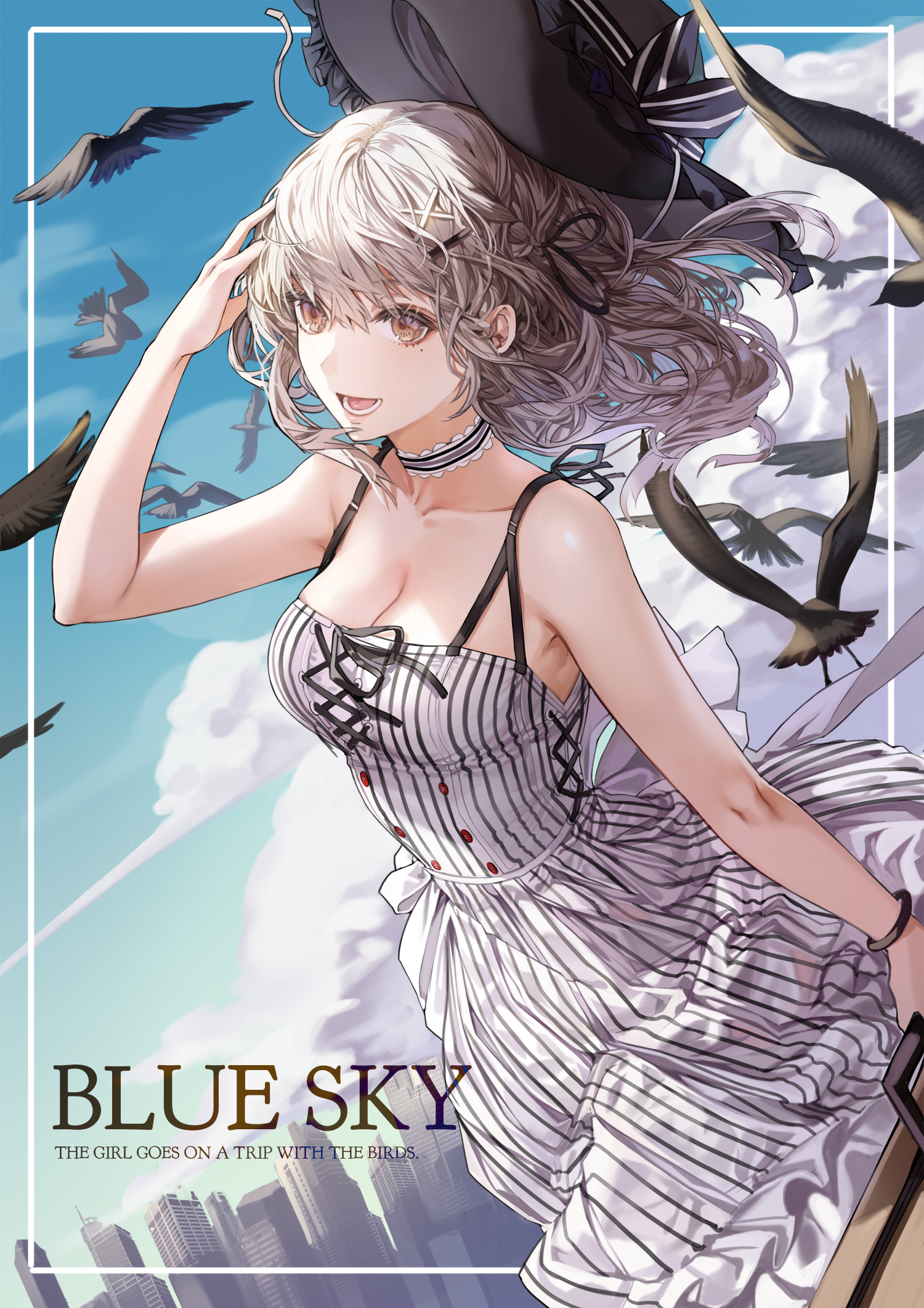 Portrait Display Anime Anime Girls Sky Birds Original Characters EB Kim Eb Dress Hat Silver Hair 1500x2122