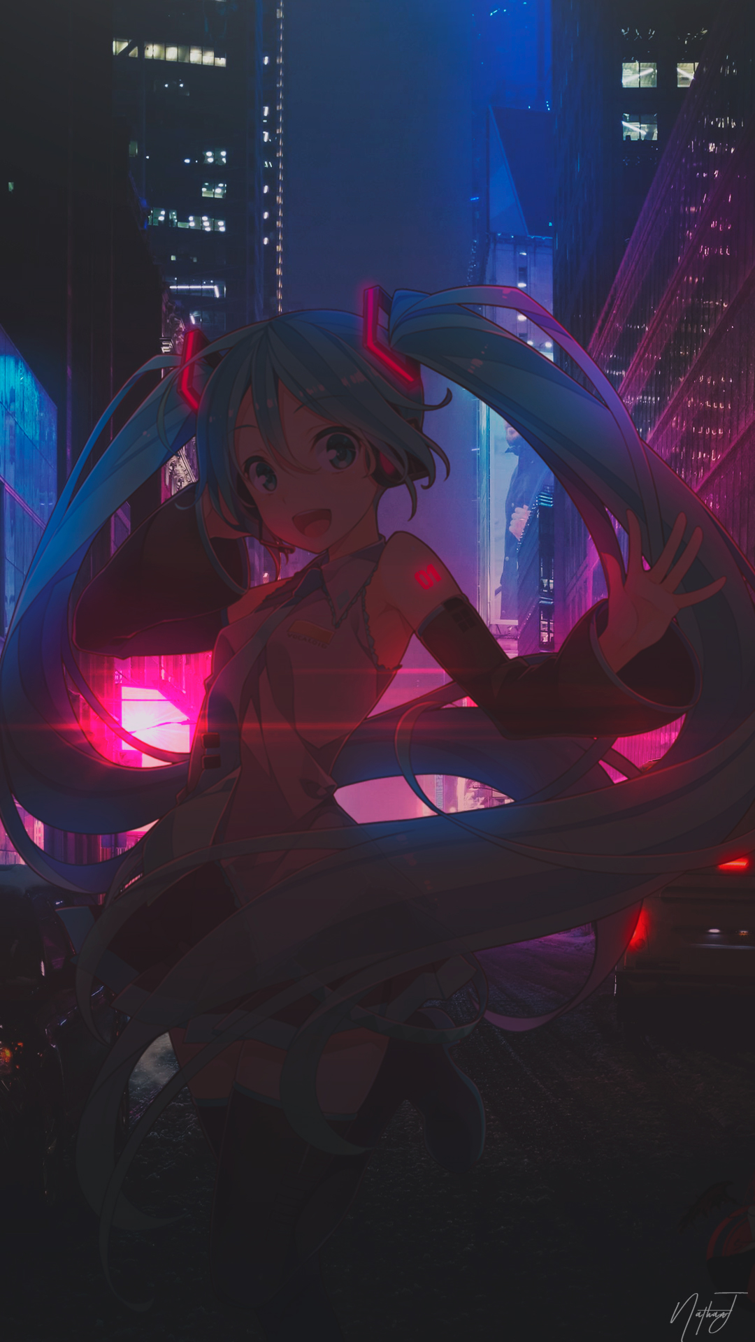 Hatsune Miku Night Neon Blue Red Anime Girls Street Vocaloid 1080x1920