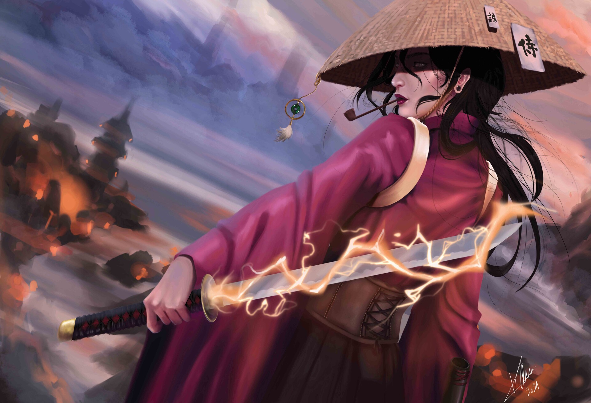 Samurai Smoking Pipe Women With Hats Sword Hat Dark Hair Back Women Digital Art Women With Swords Dr 1920x1311