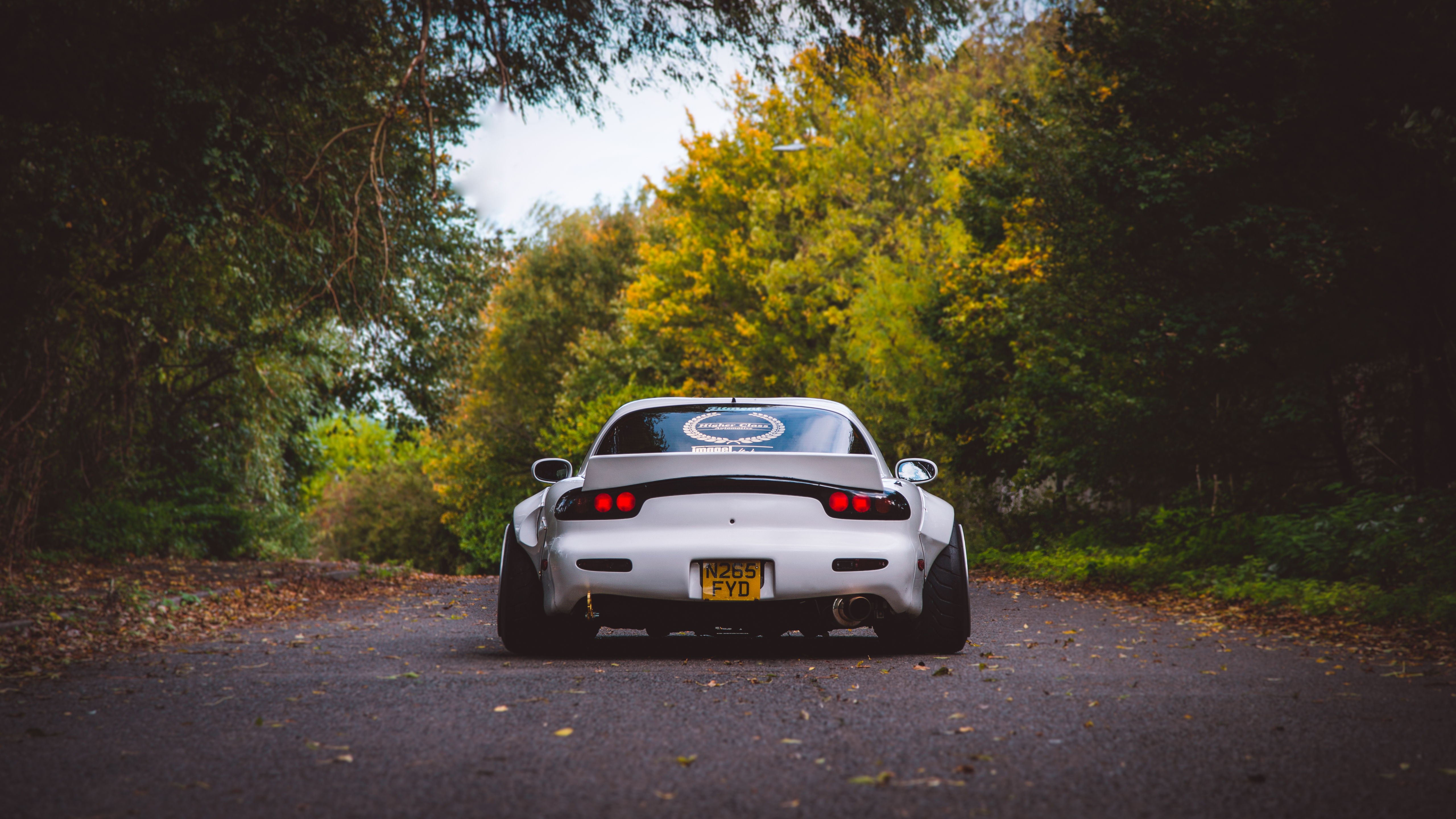 Mazda RX 7 Car Vehicle Tuning JDM Road Forest Trees Backlight White Cars Widebody Mazda 5120x2880