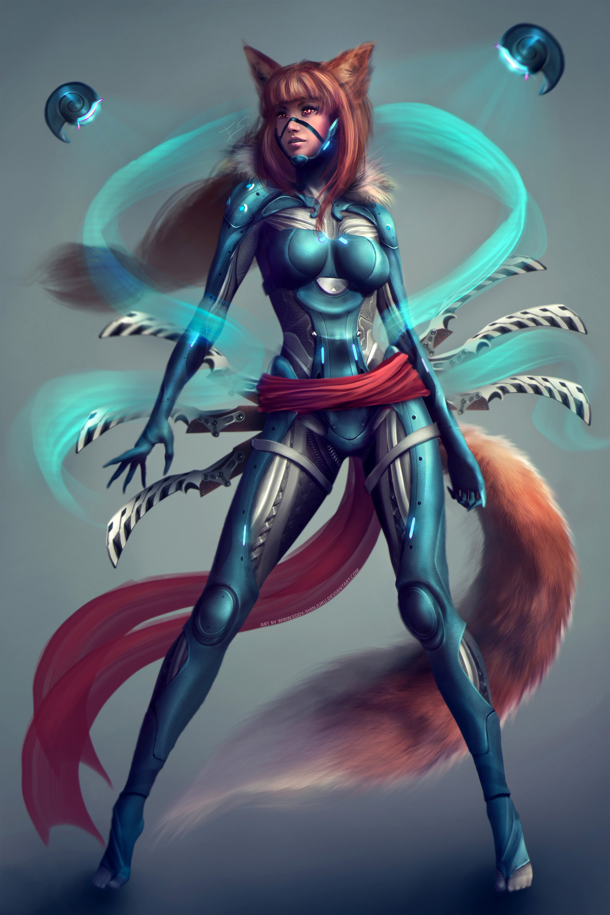 Eddy Shinjuku Fantasy Art Fantasy Girl Women Simple Background Fox Girl Animal Ears Standing Tail 2400x3600