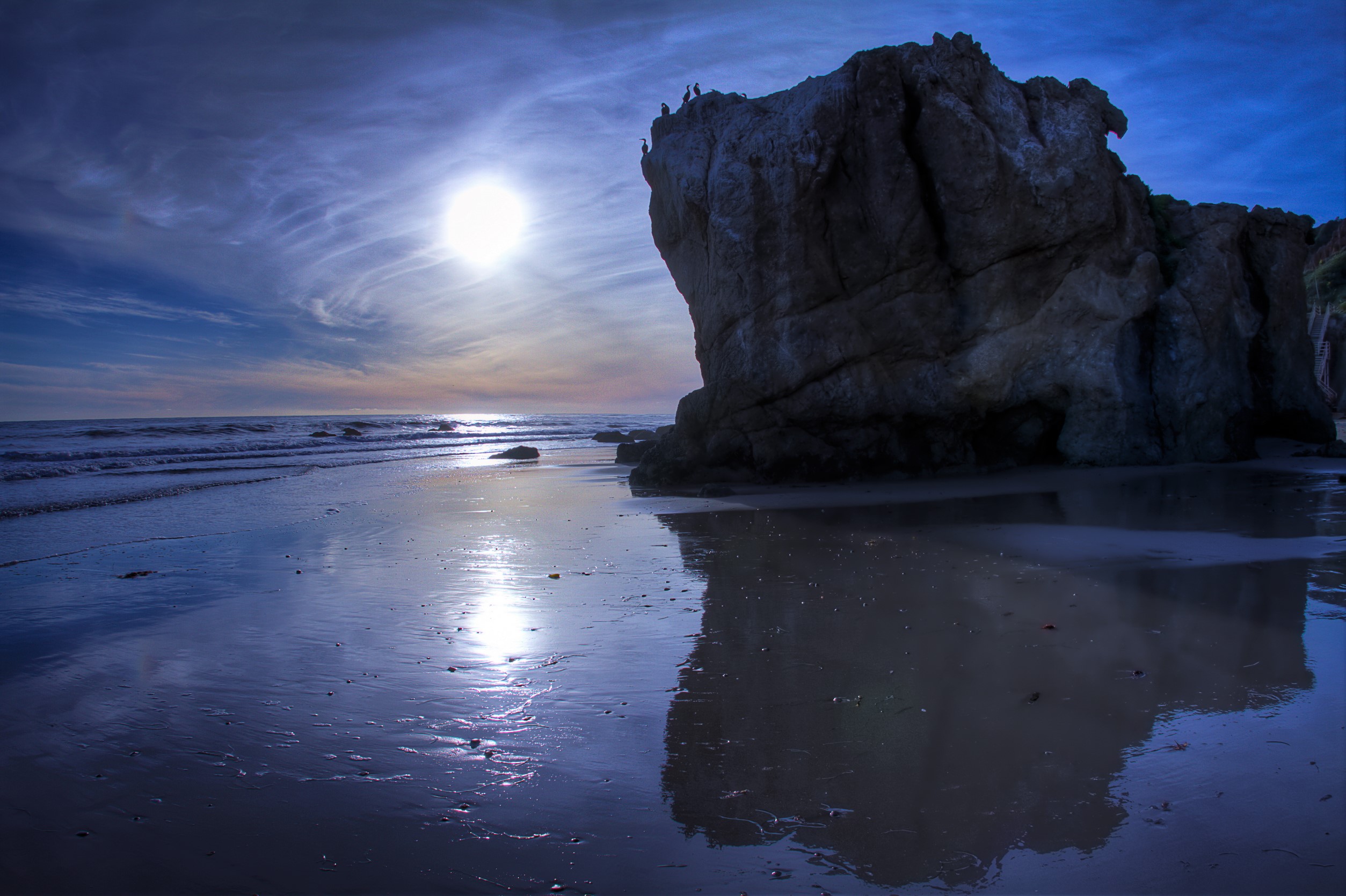 Beach California Earth Horizon Malibu Moon Night Ocean Reflection Rock Sea 2507x1670