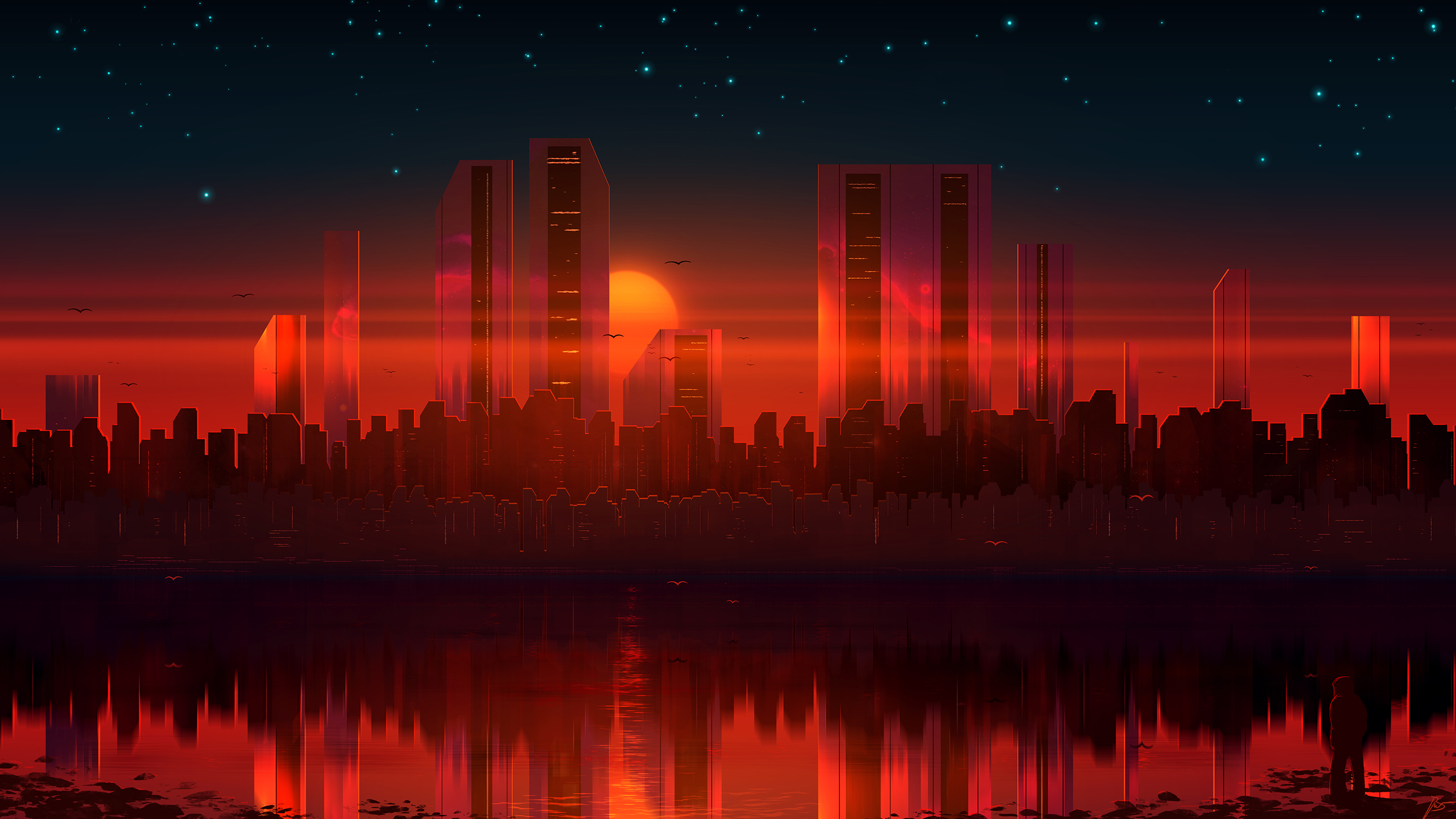 Cityscape Reflection Sunset 2560x1440