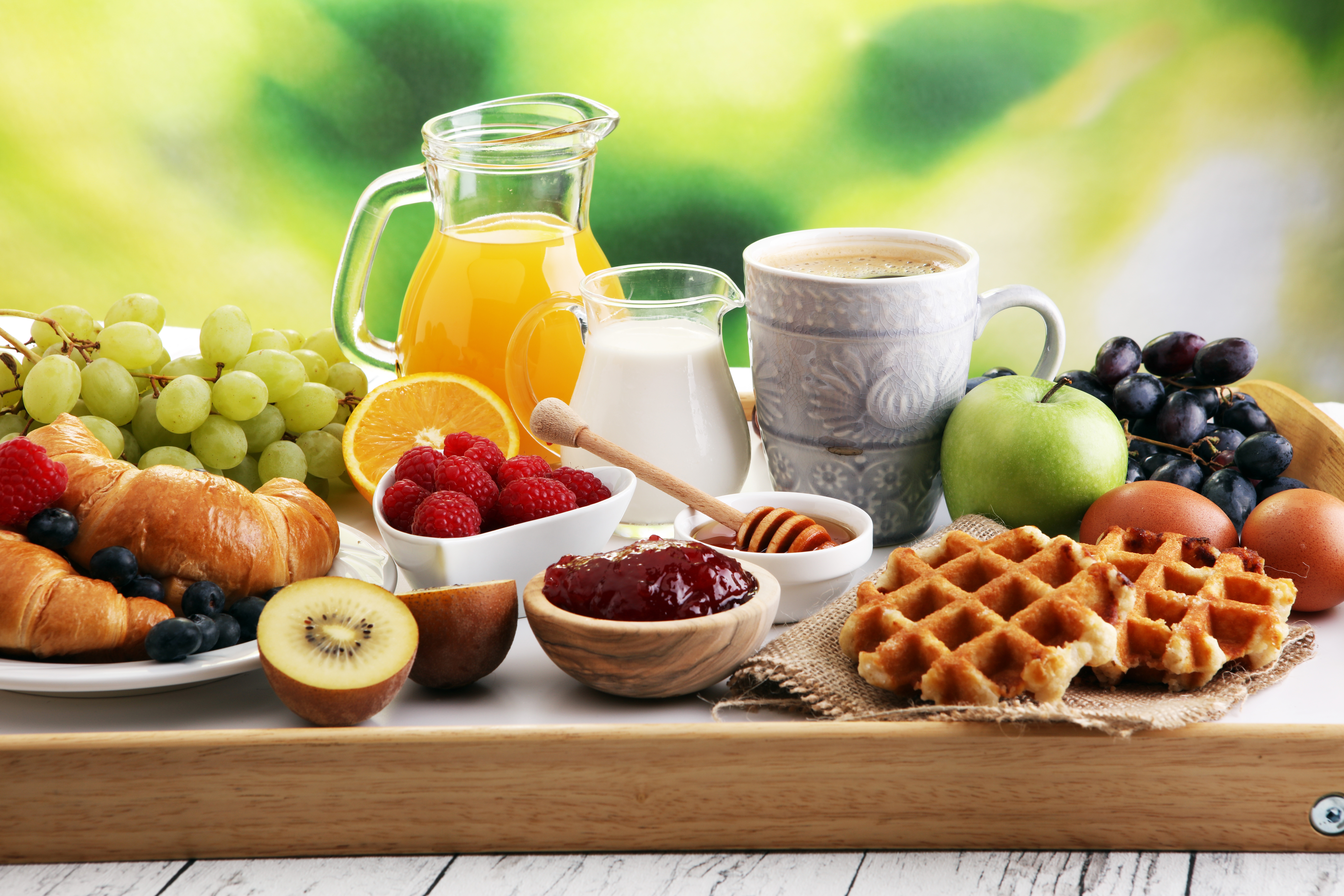 Breakfast Coffee Croissant Cup Fruit Honey Jam Juice Milk Still Life Waffle 8688x5792