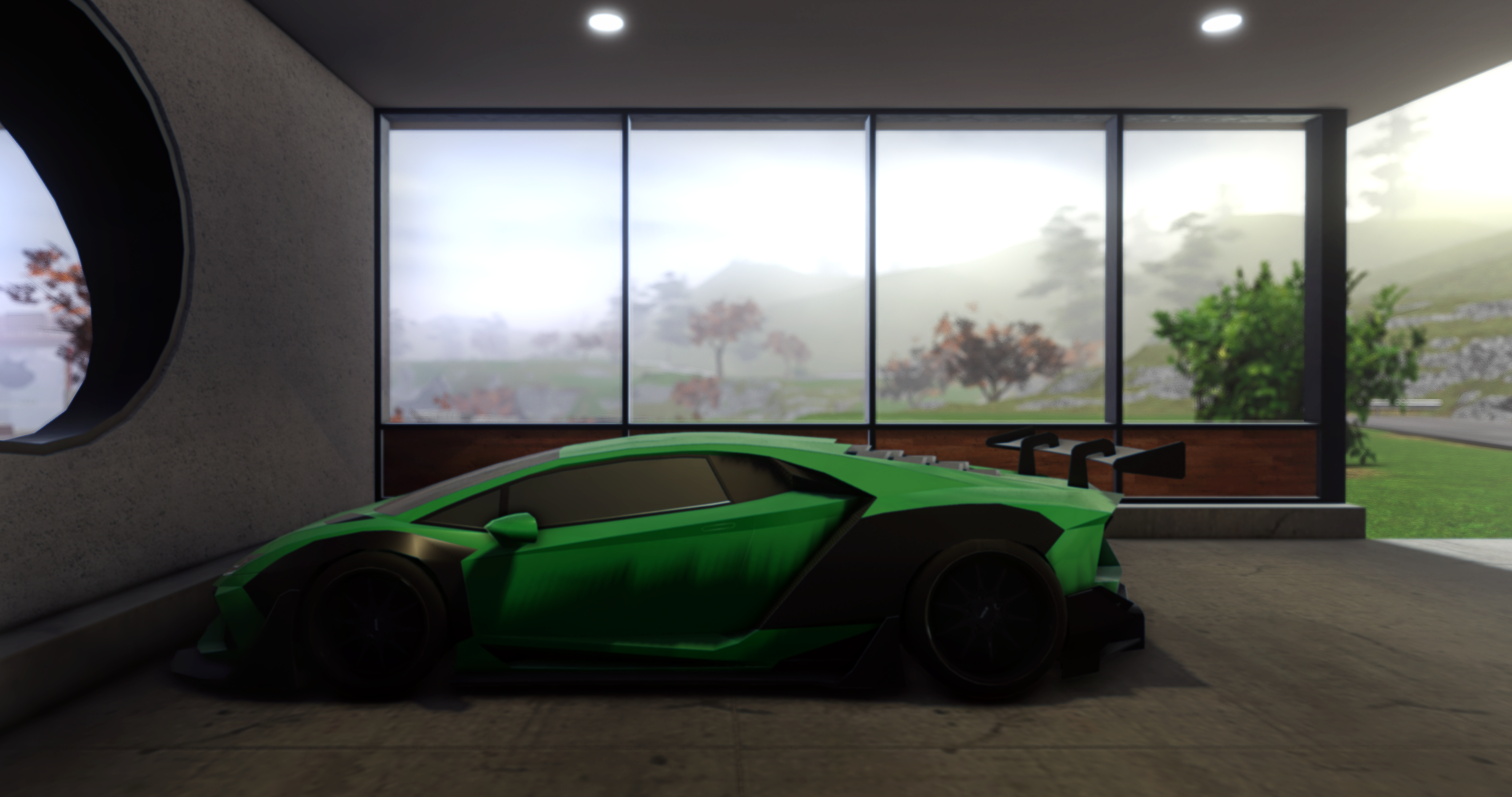Lamborghini Green Car Car Spoiler Garage Mountains Sight View Roblox Pacifico Roblox Game 3588x1892